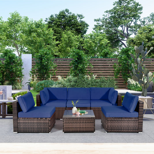 6 Pieces Patio Rattan Furniture Set with Cushions and Glass Coffee Table, Navy - Gallery Canada