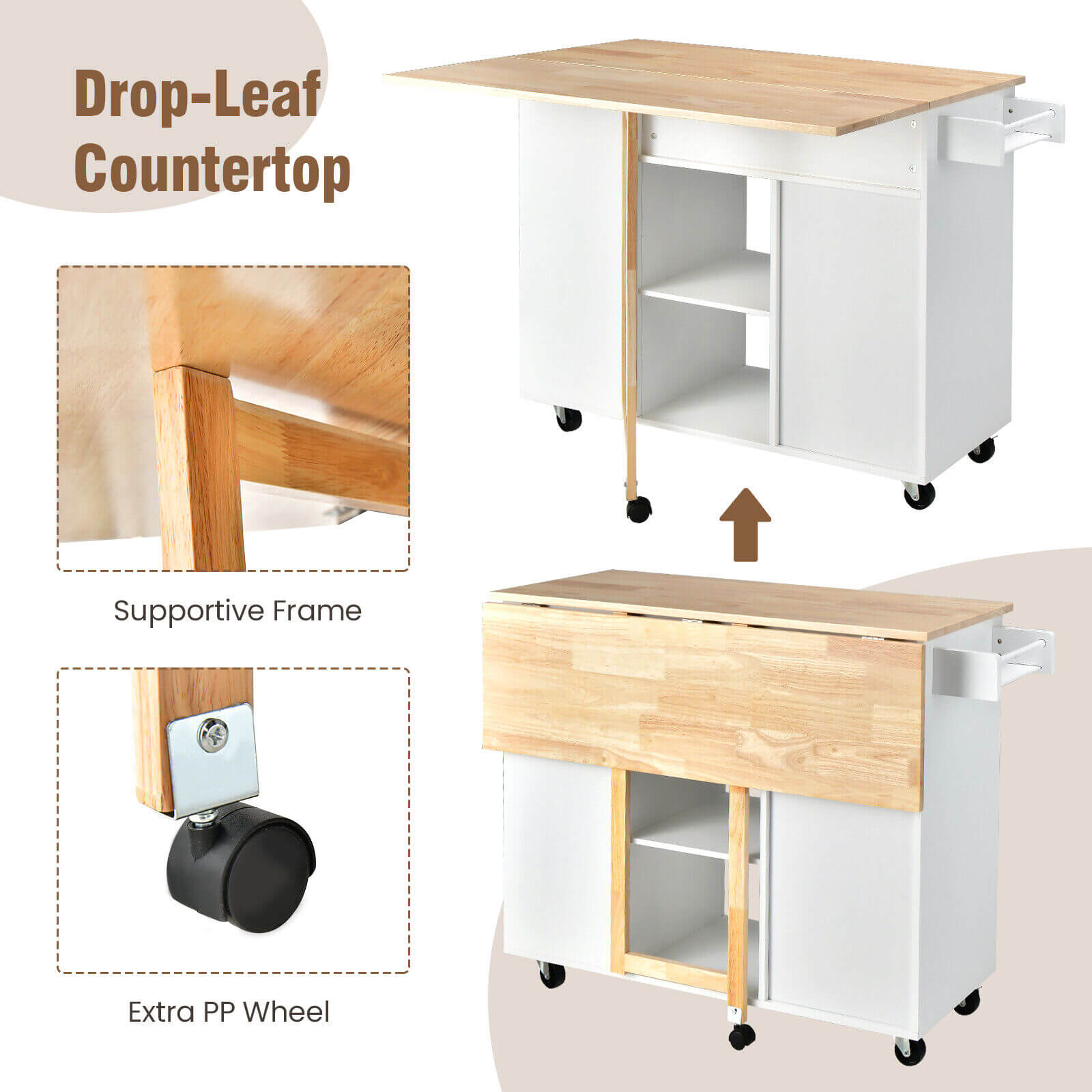 Drop-Leaf Kitchen Island with Rubber Wood Top, White - Gallery Canada