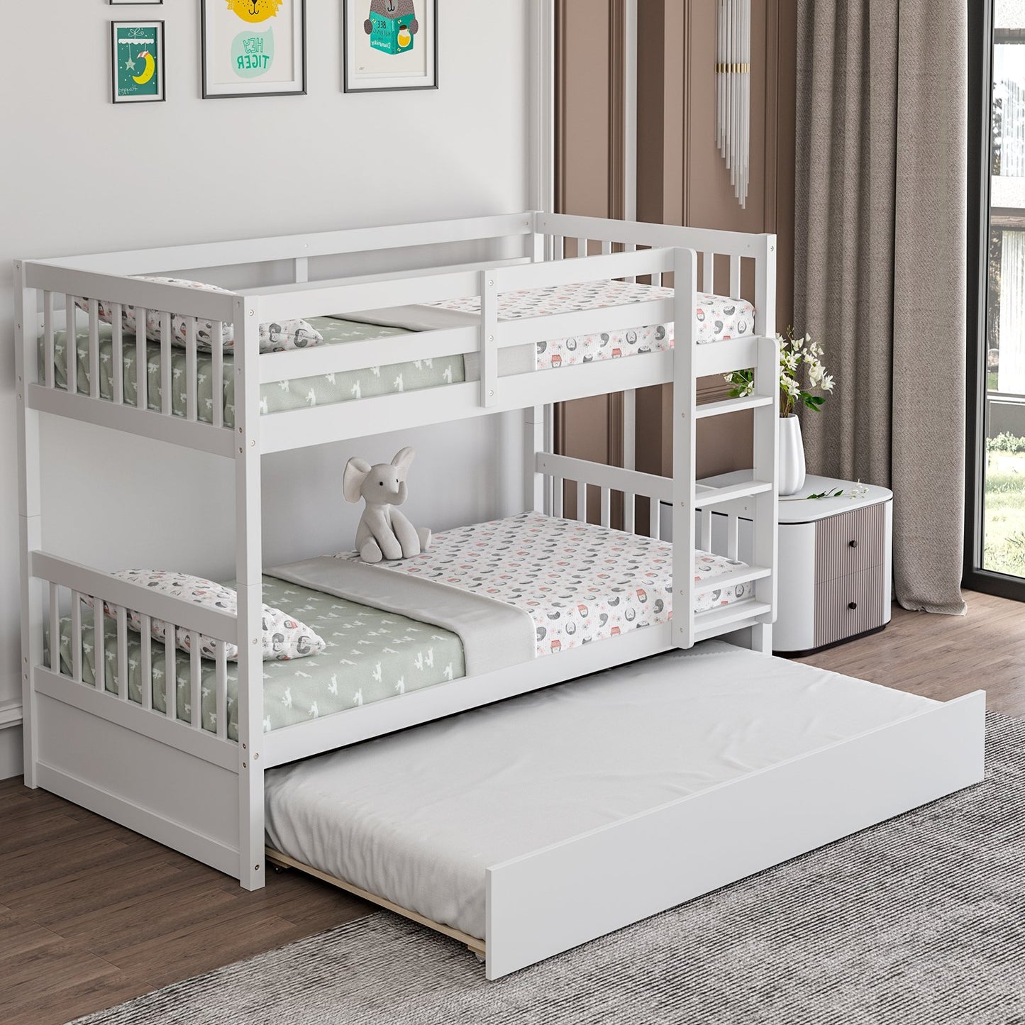 Twin Over Twin Bunk Bed with Pull-out Trundle and Ladder, White - Gallery Canada