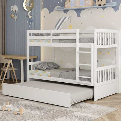 Twin Over Twin Bunk Bed with Pull-out Trundle and Ladder, White Bunk Bed Frame   at Gallery Canada