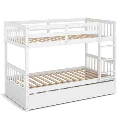 Twin Over Twin Bunk Bed with Pull-out Trundle and Ladder, White Bunk Bed Frame   at Gallery Canada