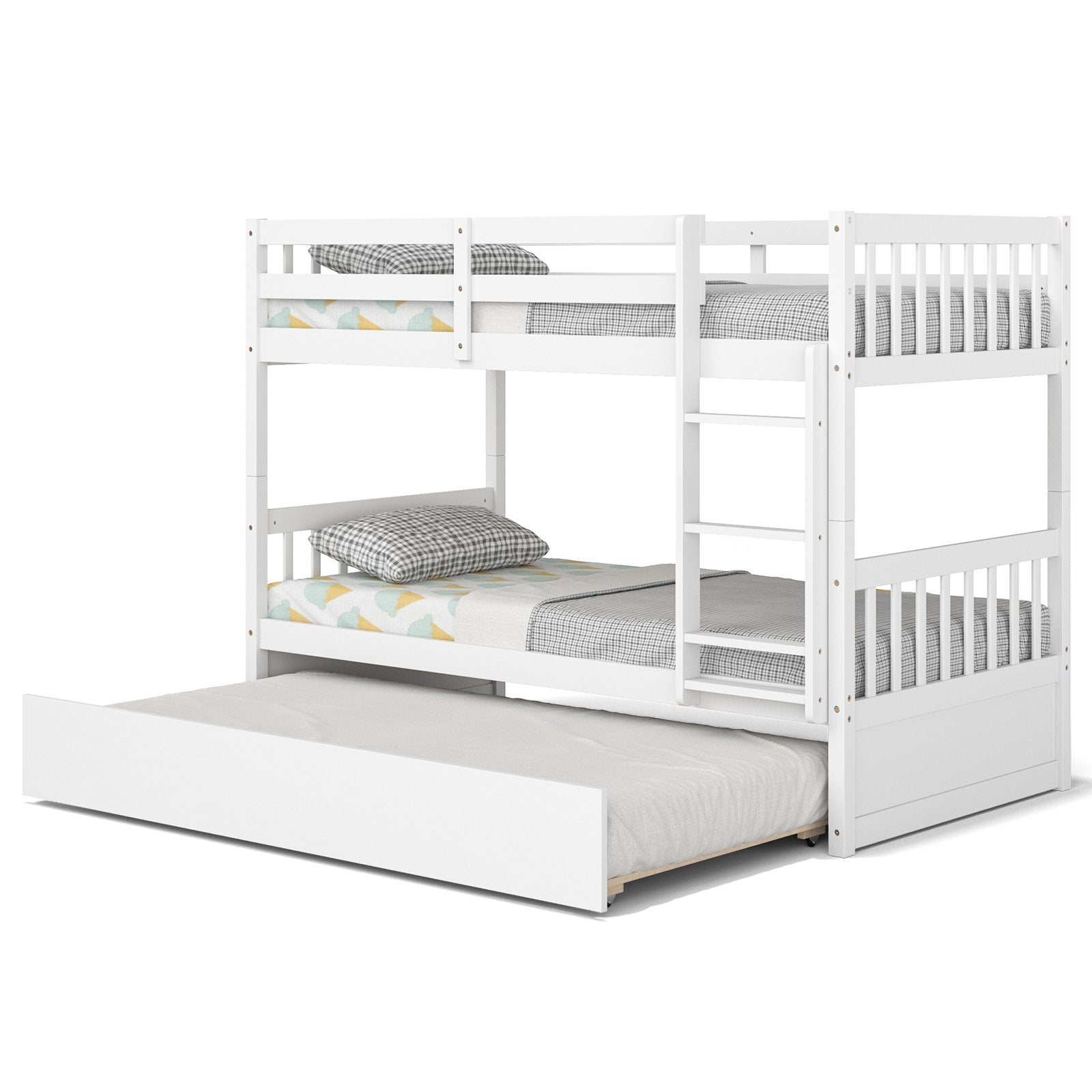 Twin Over Twin Bunk Bed with Pull-out Trundle and Ladder, White Bunk Bed Frame   at Gallery Canada