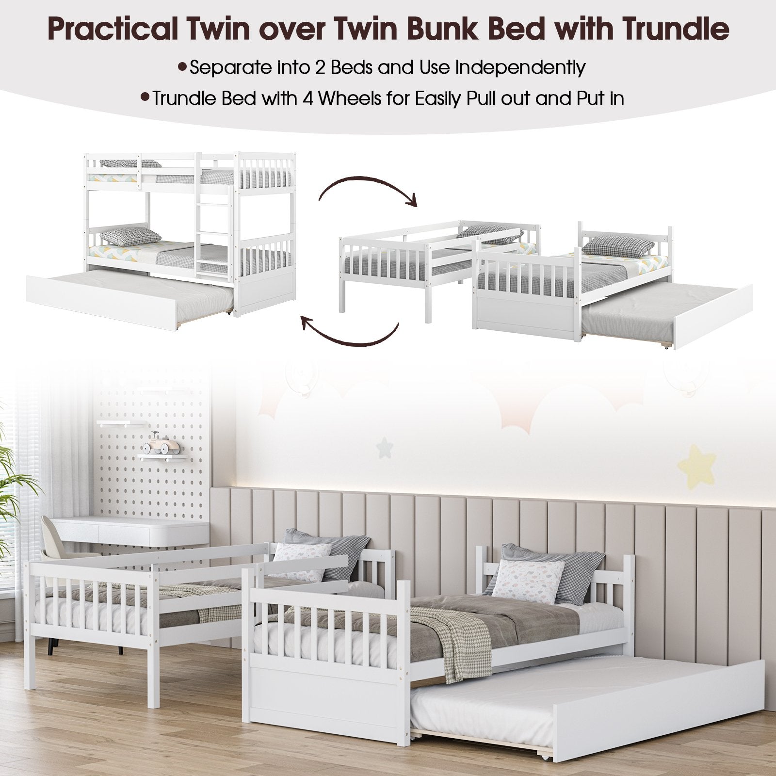 Twin Over Twin Bunk Bed with Pull-out Trundle and Ladder, White - Gallery Canada