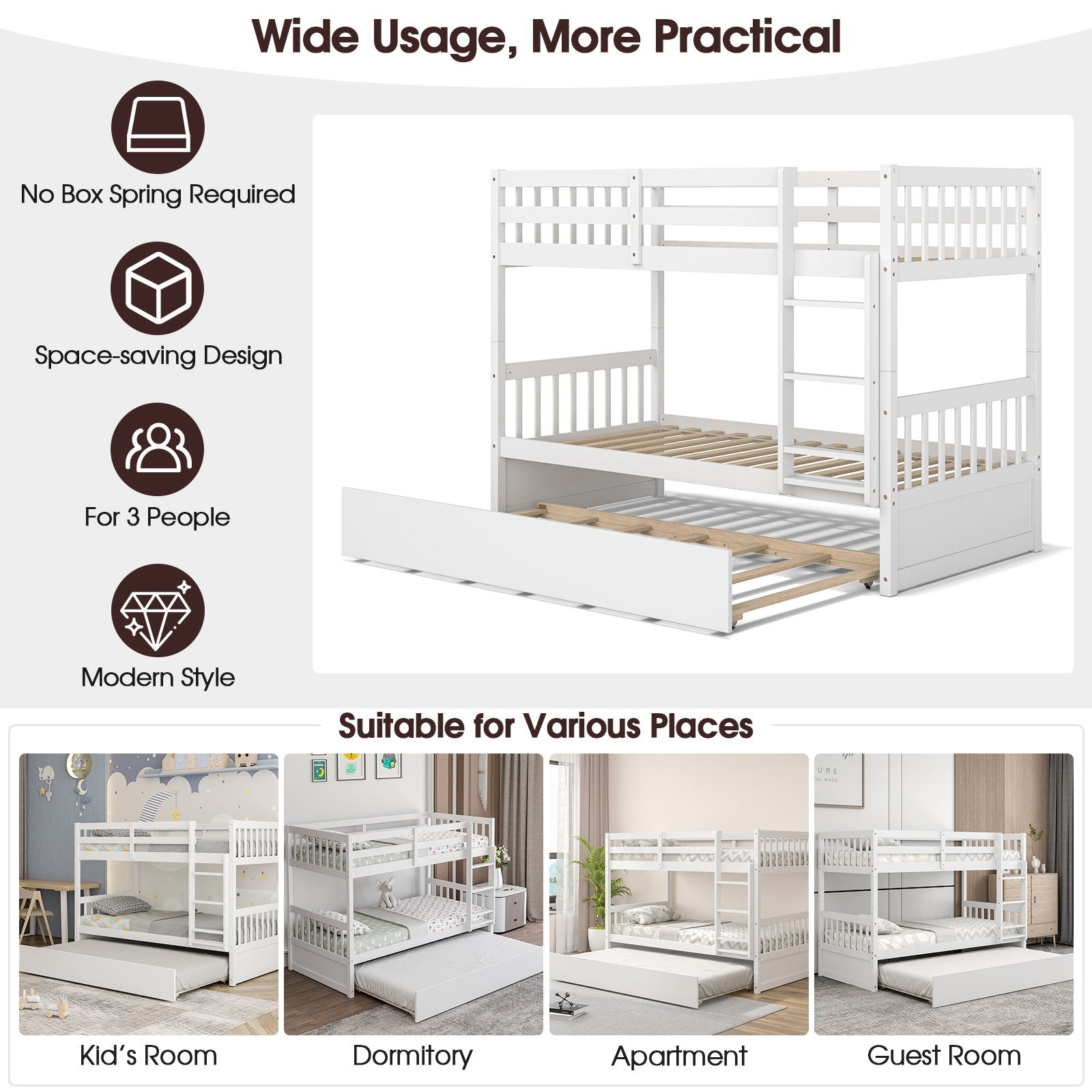 Twin Over Twin Bunk Bed with Pull-out Trundle and Ladder, White - Gallery Canada