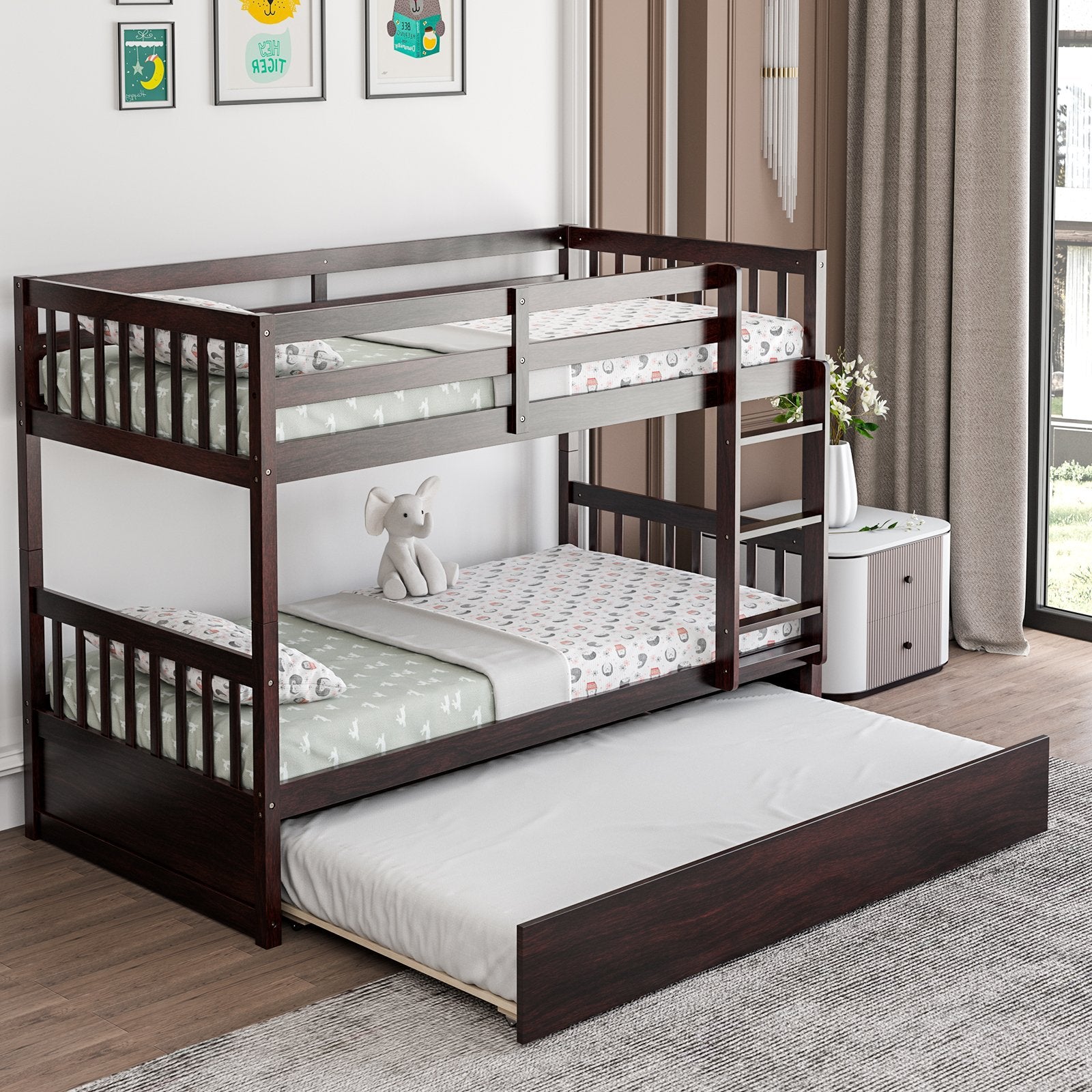 Twin Over Twin Bunk Bed with Pull-out Trundle and Ladder, Espresso Bunk Bed Frame   at Gallery Canada