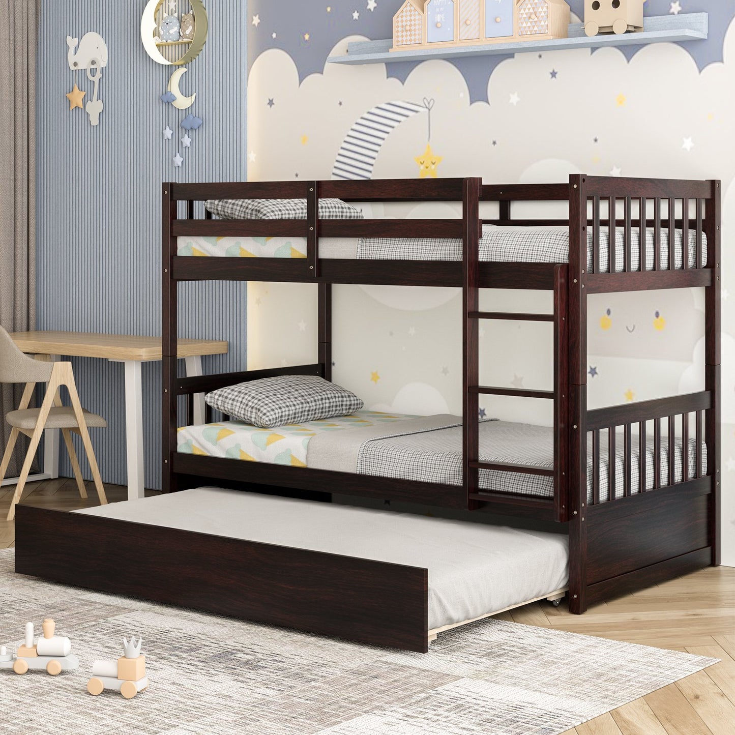 Twin Over Twin Bunk Bed with Pull-out Trundle and Ladder, Espresso - Gallery Canada