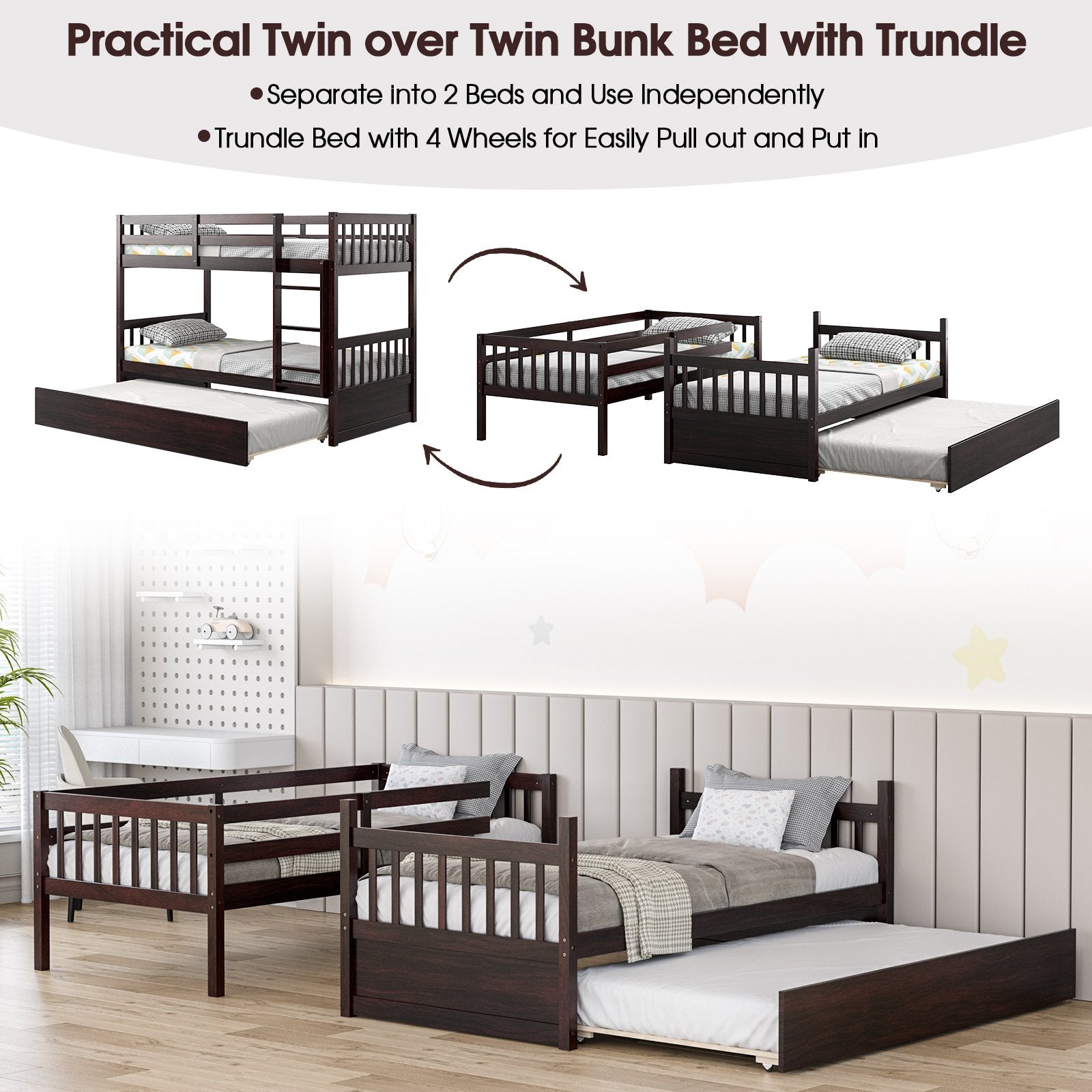 Twin Over Twin Bunk Bed with Pull-out Trundle and Ladder, Espresso - Gallery Canada