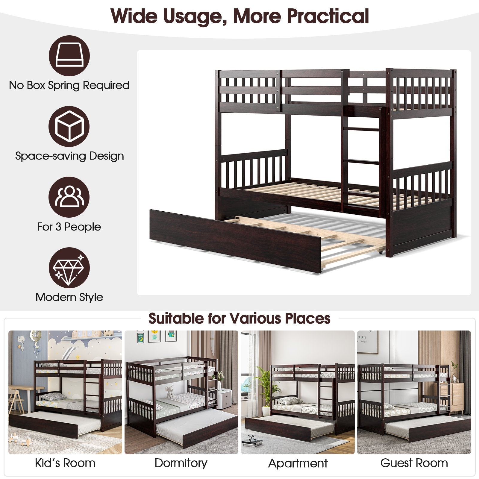 Twin Over Twin Bunk Bed with Pull-out Trundle and Ladder, Espresso Bunk Bed Frame   at Gallery Canada