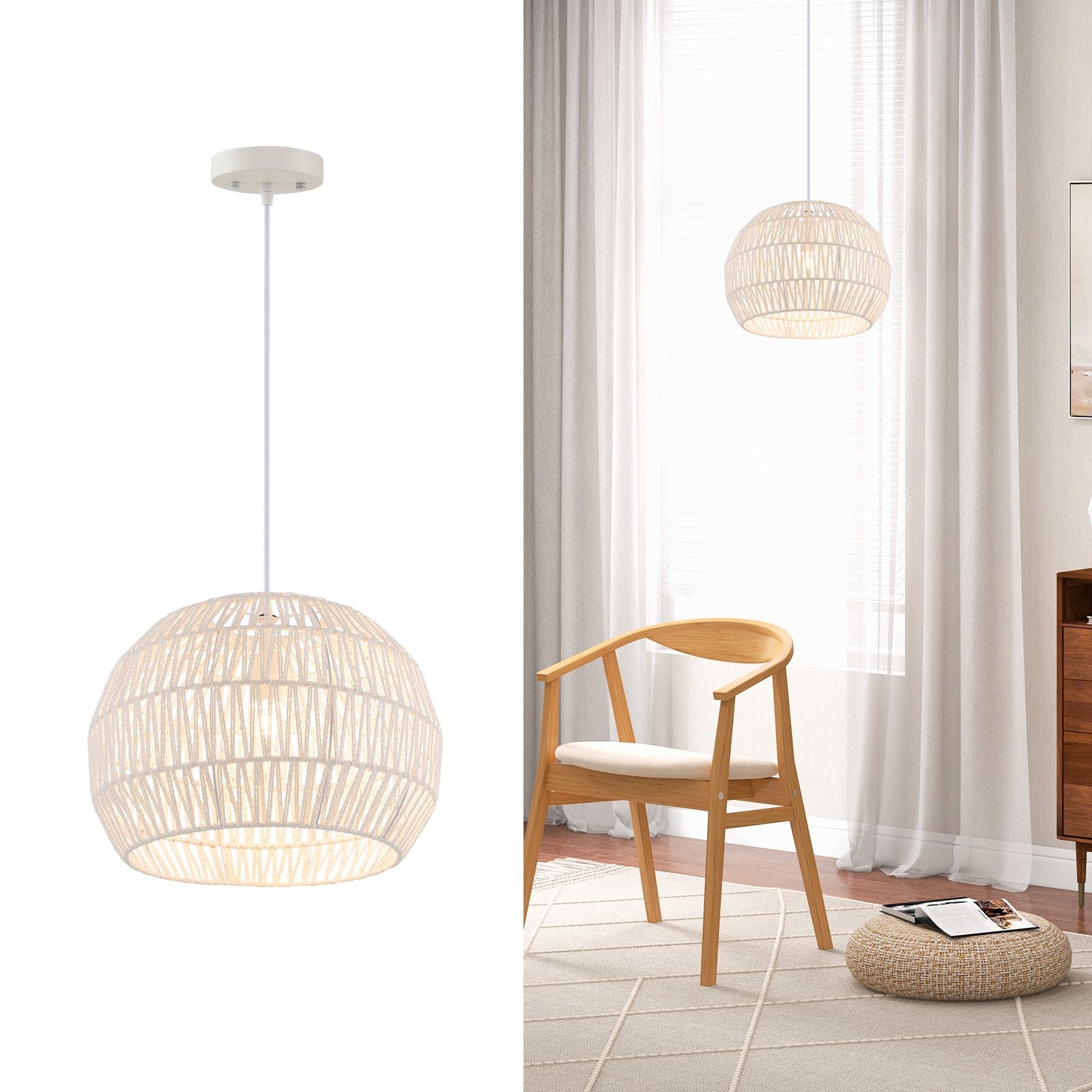 Round Farmhouse Rattan Pendant Lights with Adjustable Hanging Rope, Beige Ceiling Lights   at Gallery Canada