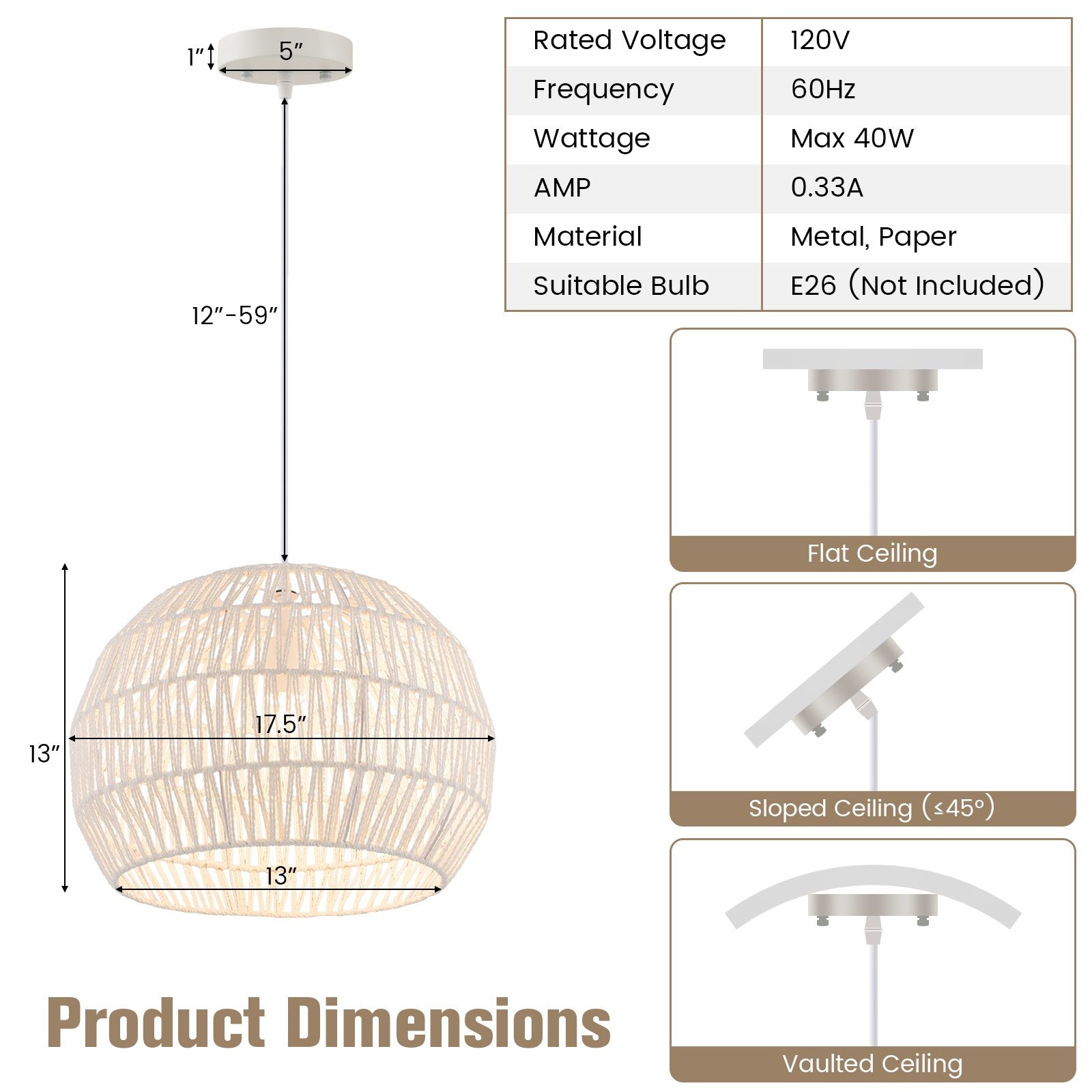 Round Farmhouse Rattan Pendant Lights with Adjustable Hanging Rope, Beige Ceiling Lights   at Gallery Canada