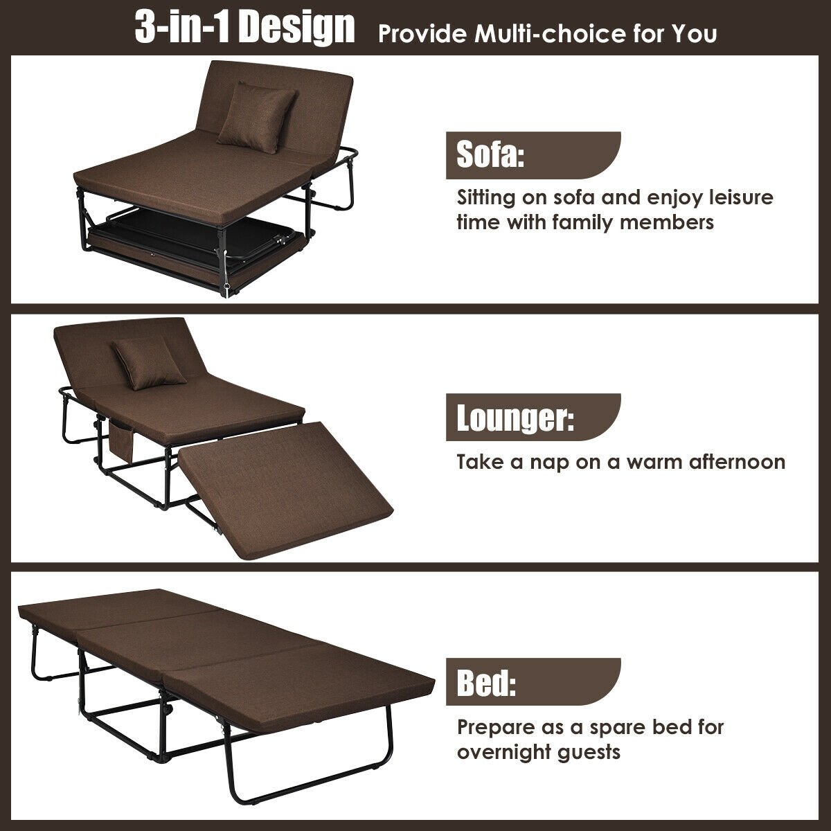 Folding Guest Sleeper Bed w/6 Position Adjustment, Brown Folding Beds   at Gallery Canada