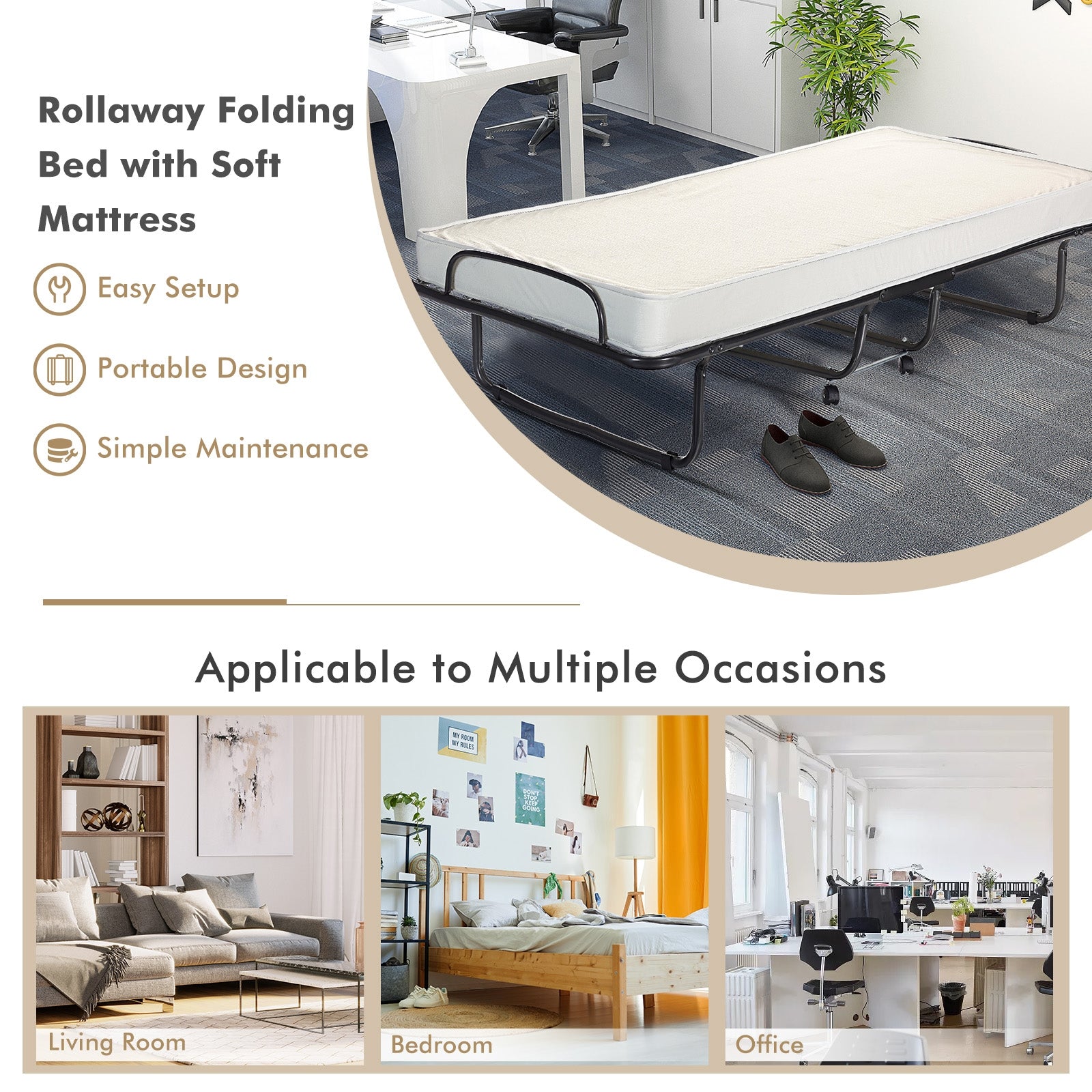 Rollaway Folding Bed with Memory Foam Mattress and Sturdy Metal Frame Made in Italy, Black Folding Beds at Gallery Canada
