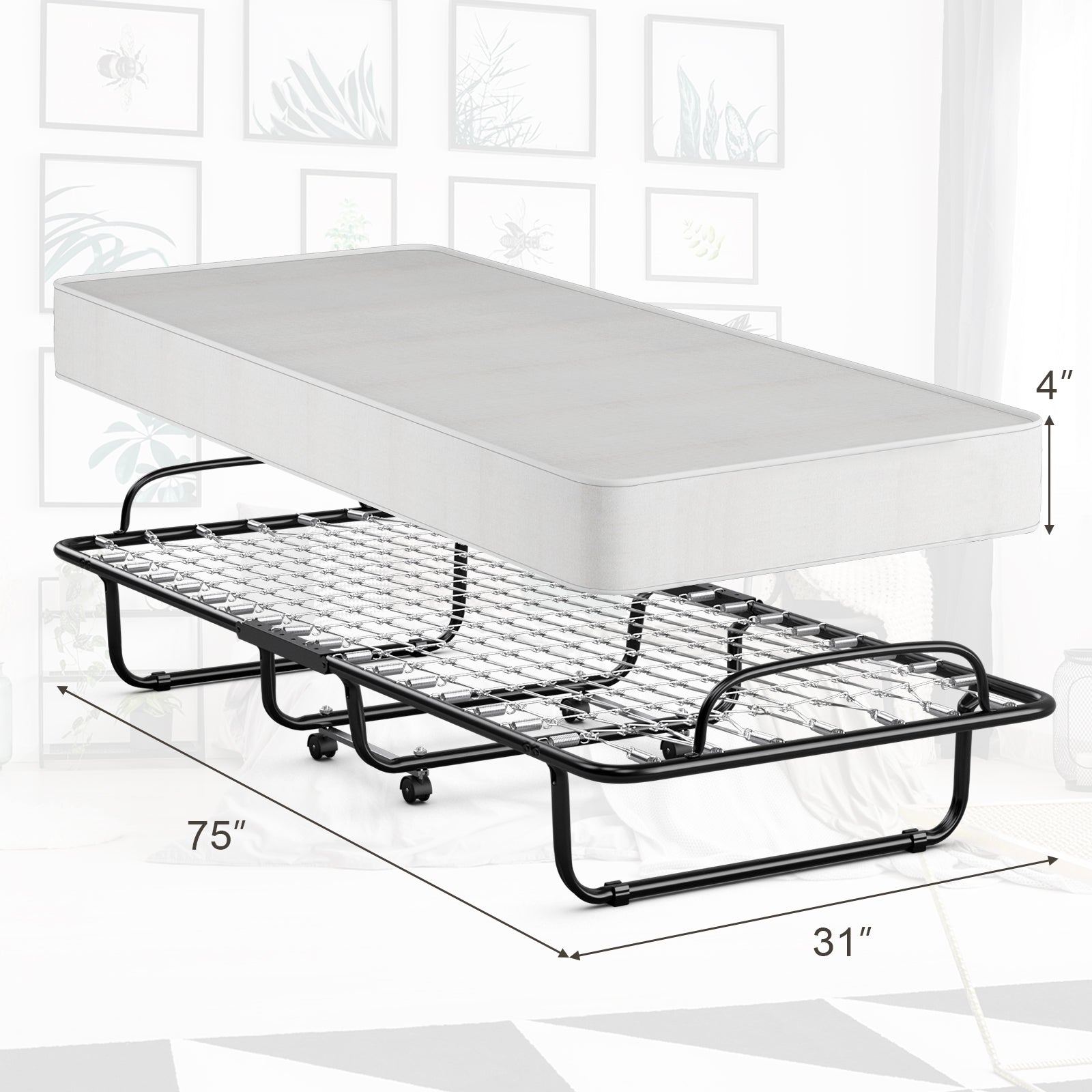 Rollaway Folding Bed with Memory Foam Mattress and Sturdy Metal Frame Made in Italy, Black Folding Beds at Gallery Canada