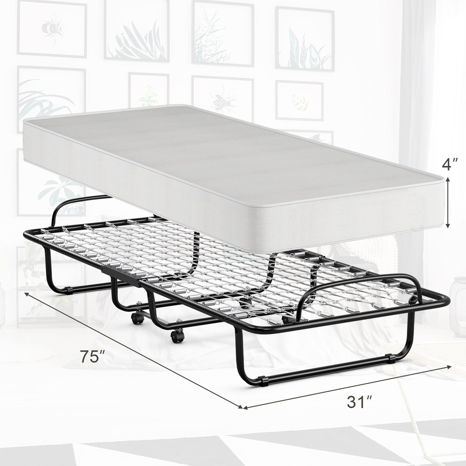 Rollaway Folding Bed with Memory Foam Mattress and Sturdy Metal Frame Made in Italy, Black Folding Beds   at Gallery Canada