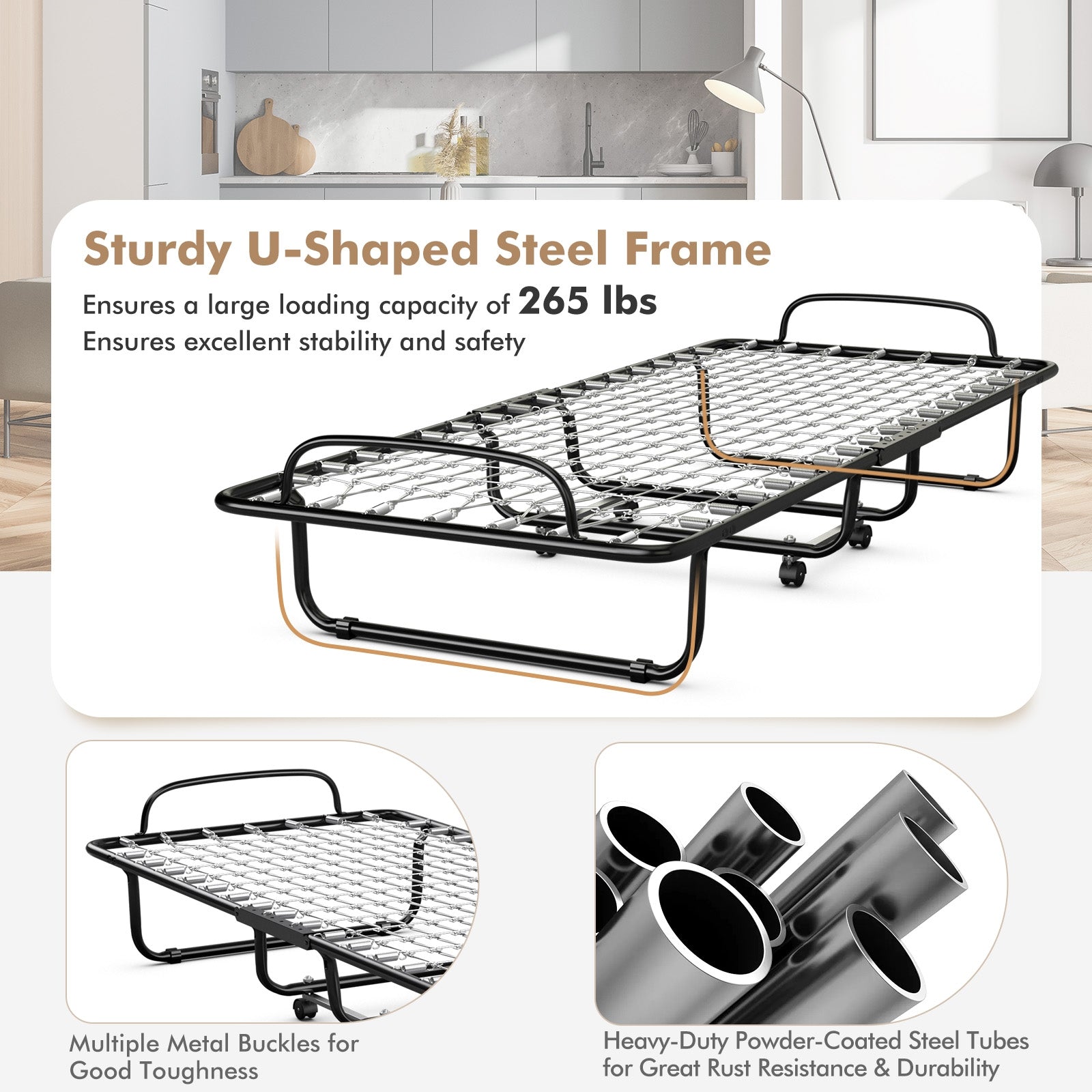 Rollaway Folding Bed with Memory Foam Mattress and Sturdy Metal Frame Made in Italy, Black Folding Beds at Gallery Canada