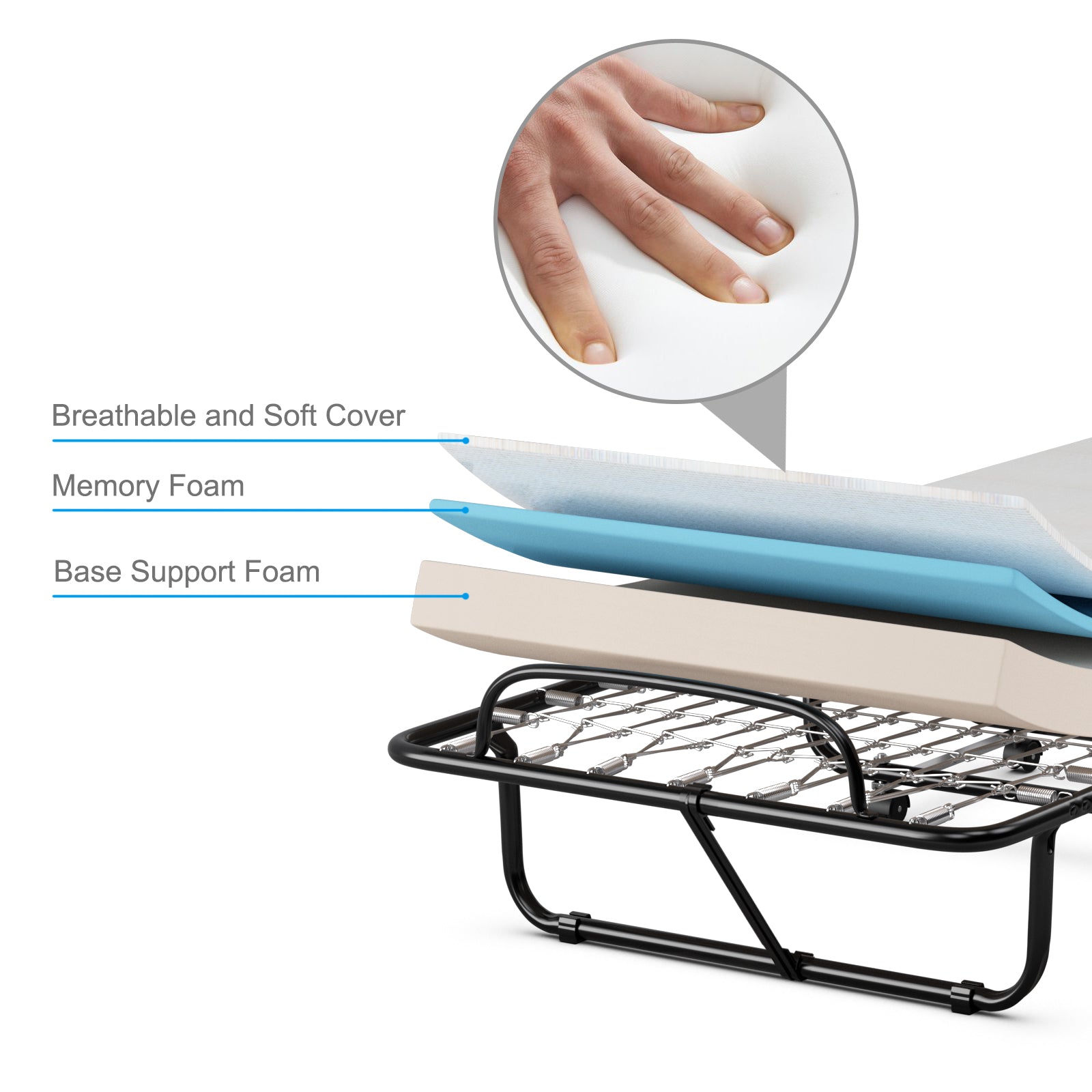 Rollaway Folding Bed with Memory Foam Mattress and Sturdy Metal Frame Made in Italy, Black Folding Beds at Gallery Canada