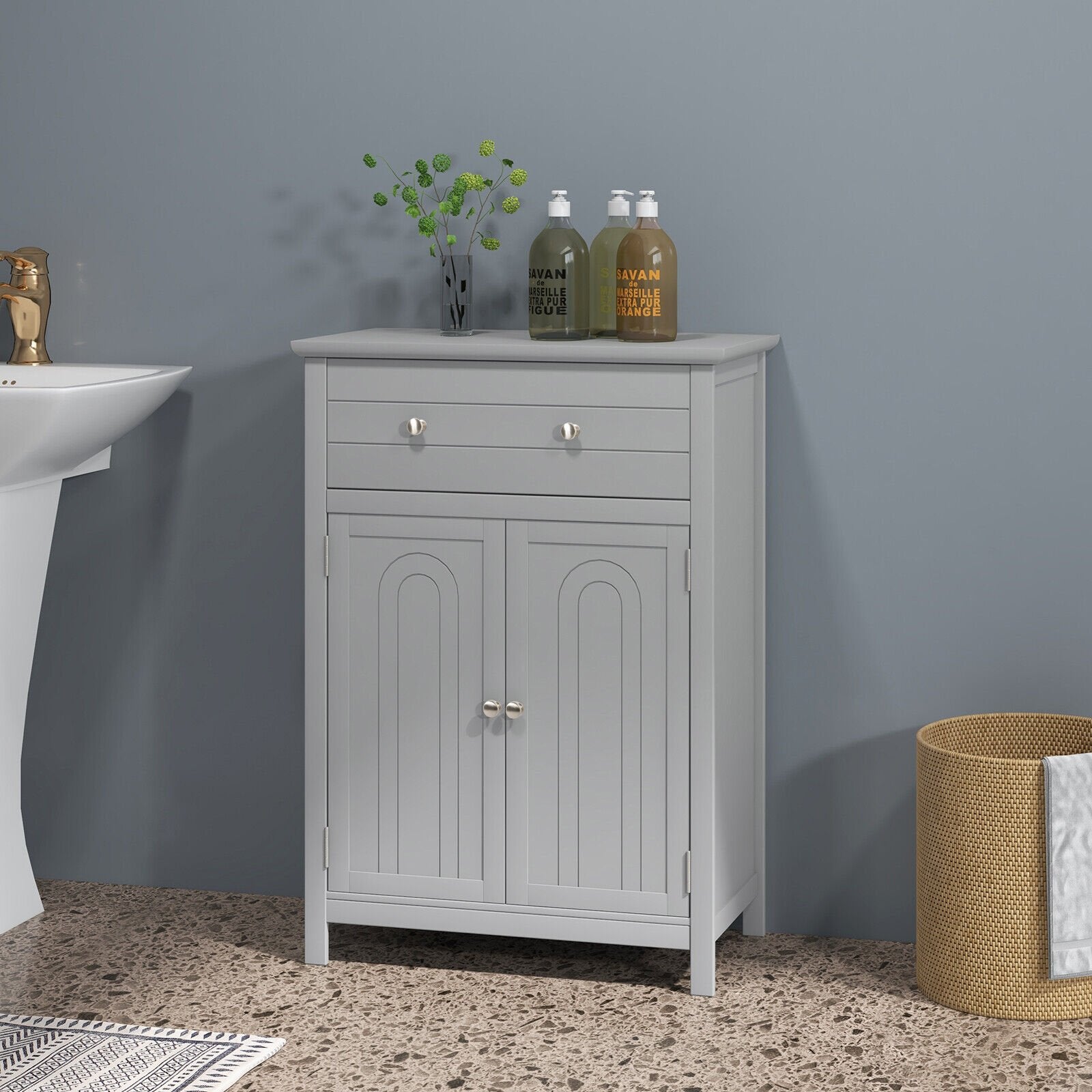 Wooden Bathroom Floor Cabinet with Drawer and Adjustable Shelf, Gray Floor Cabinets   at Gallery Canada