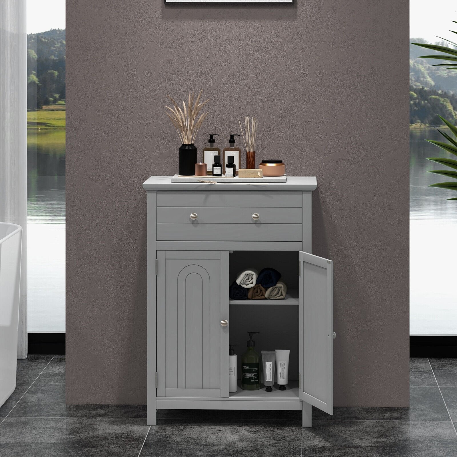 Wooden Bathroom Floor Cabinet with Drawer and Adjustable Shelf, Gray Floor Cabinets   at Gallery Canada