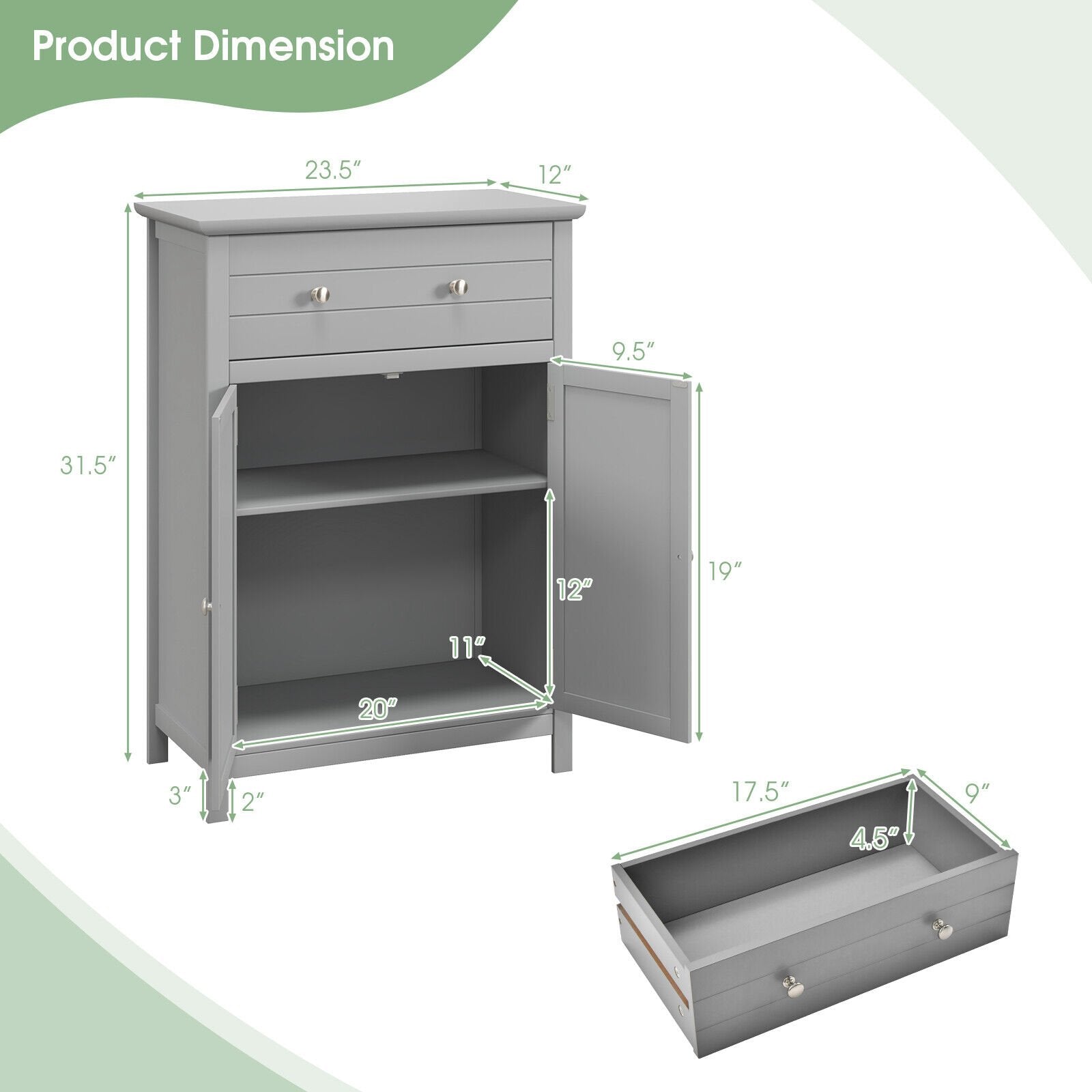 Wooden Bathroom Floor Cabinet with Drawer and Adjustable Shelf, Gray Floor Cabinets   at Gallery Canada