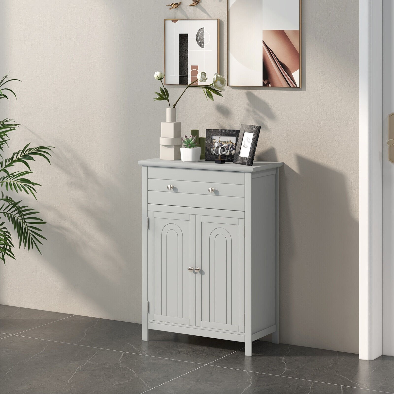 Wooden Bathroom Floor Cabinet with Drawer and Adjustable Shelf, Gray Floor Cabinets   at Gallery Canada