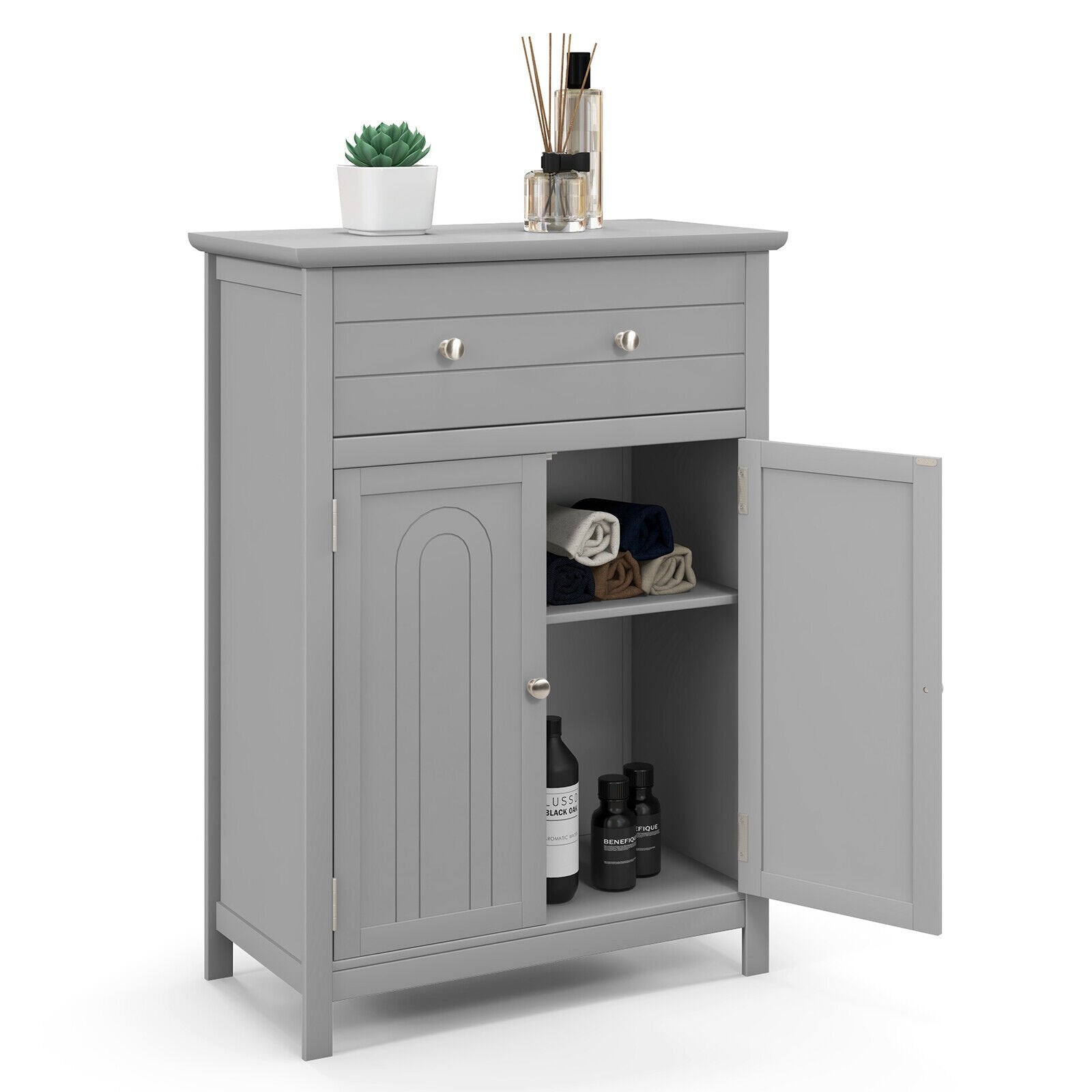 Wooden Bathroom Floor Cabinet with Drawer and Adjustable Shelf, Gray Floor Cabinets   at Gallery Canada