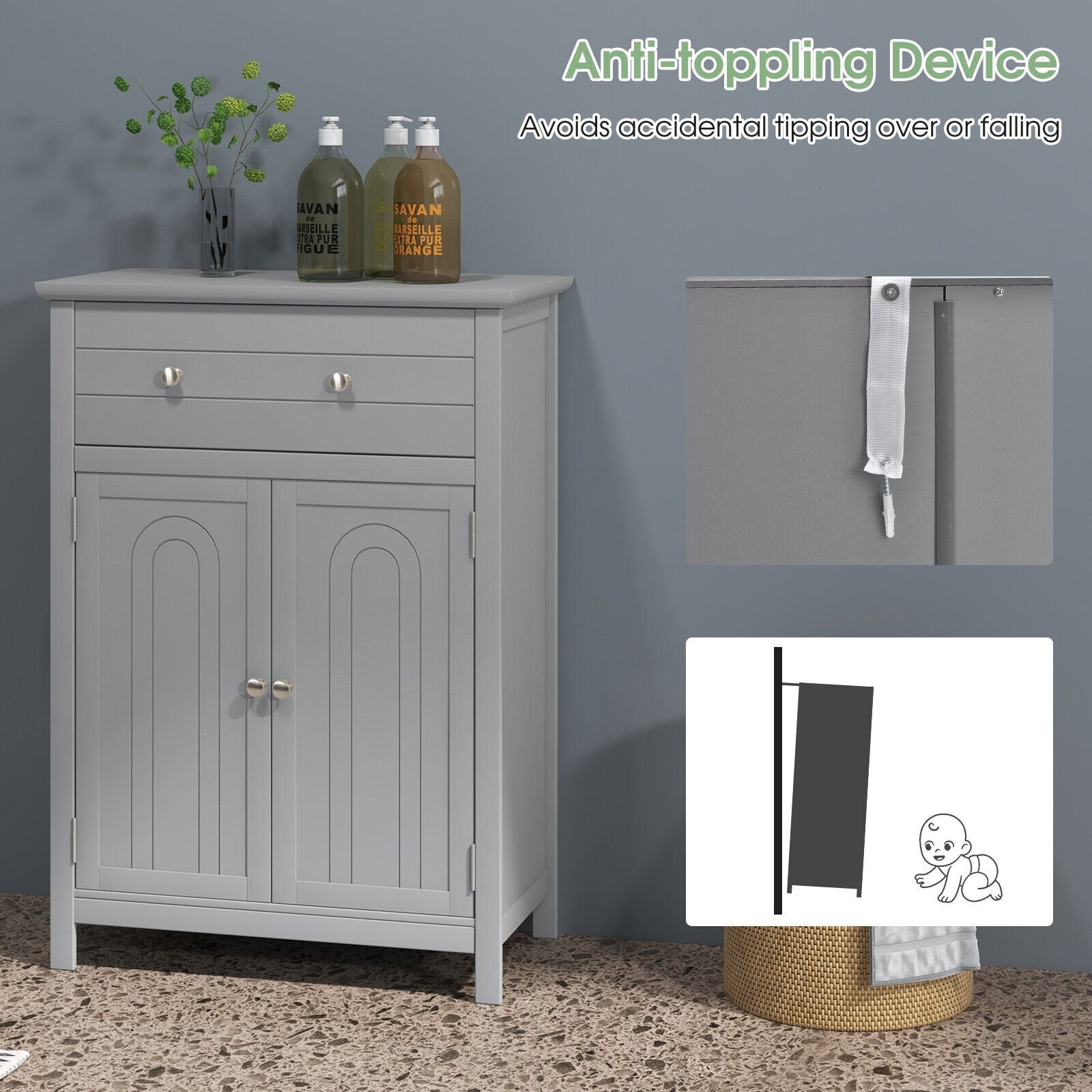 Wooden Bathroom Floor Cabinet with Drawer and Adjustable Shelf, Gray Floor Cabinets   at Gallery Canada