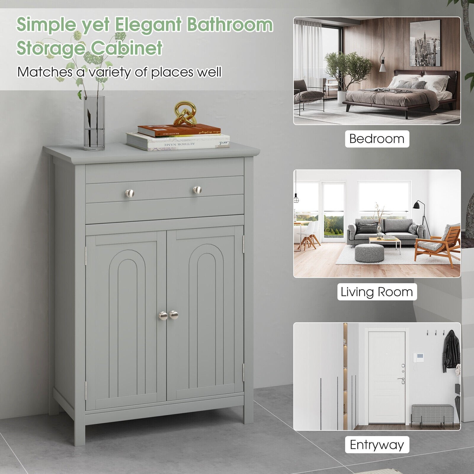 Wooden Bathroom Floor Cabinet with Drawer and Adjustable Shelf, Gray Floor Cabinets   at Gallery Canada