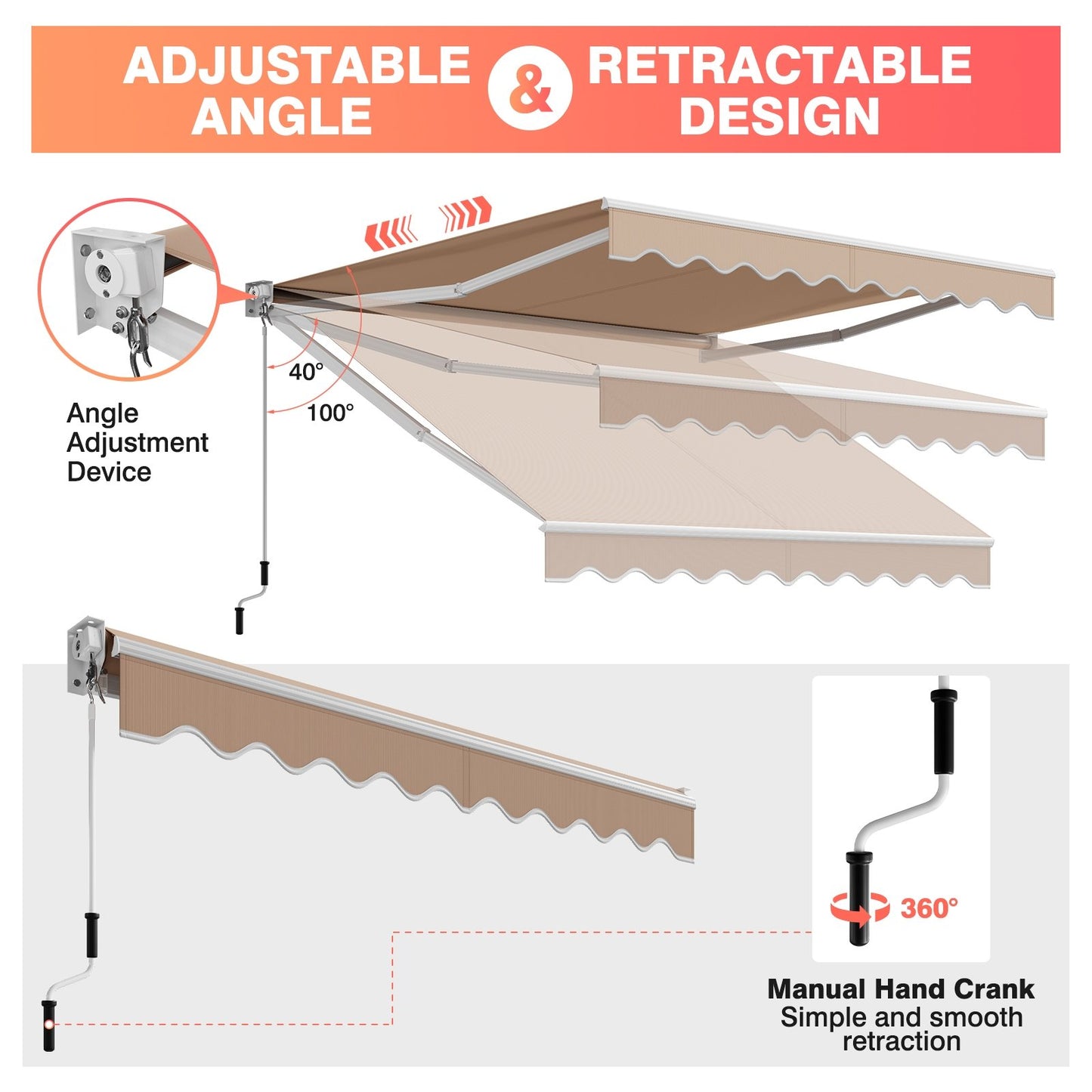 8FT × 6.5FT Retractable Aluminum Patio Sun Awning, Beige Canopies   at Gallery Canada