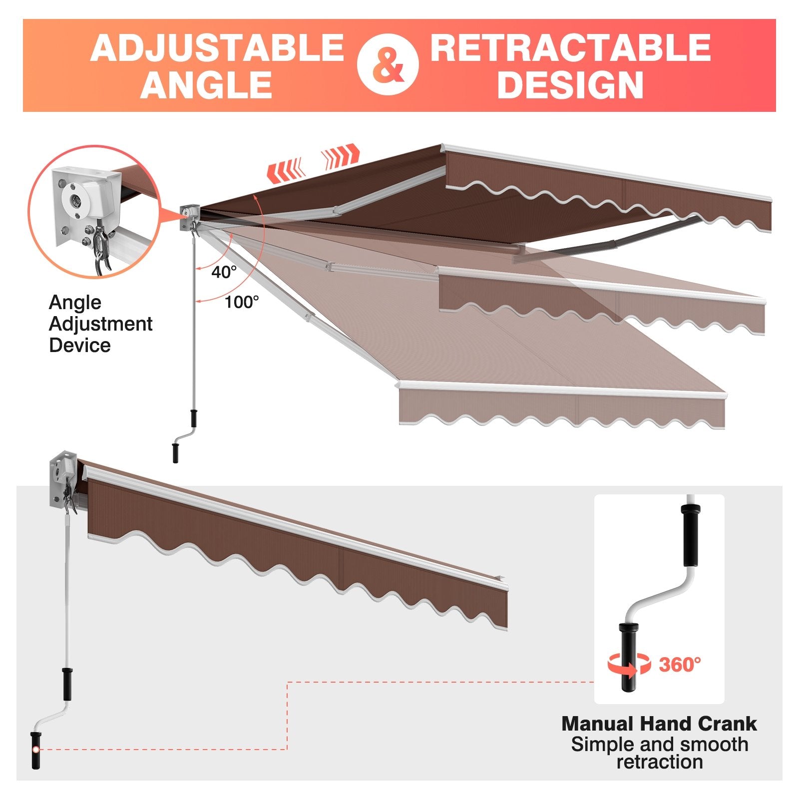 8 x 6.6 Feet Patio Retractable Awning withManual Crank Handle, Brown Canopies   at Gallery Canada