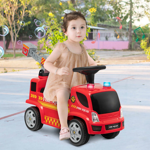 Kids Push Ride On Fire Truck with Ladder Bubble Maker and Headlights, Red