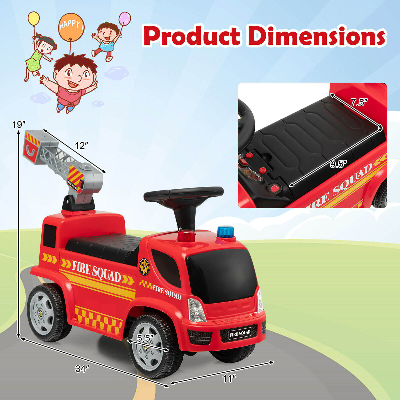 Kids Push Ride On Fire Truck with Ladder Bubble Maker and Headlights, Red Push & Pedal Ride On Toys at Gallery Canada
