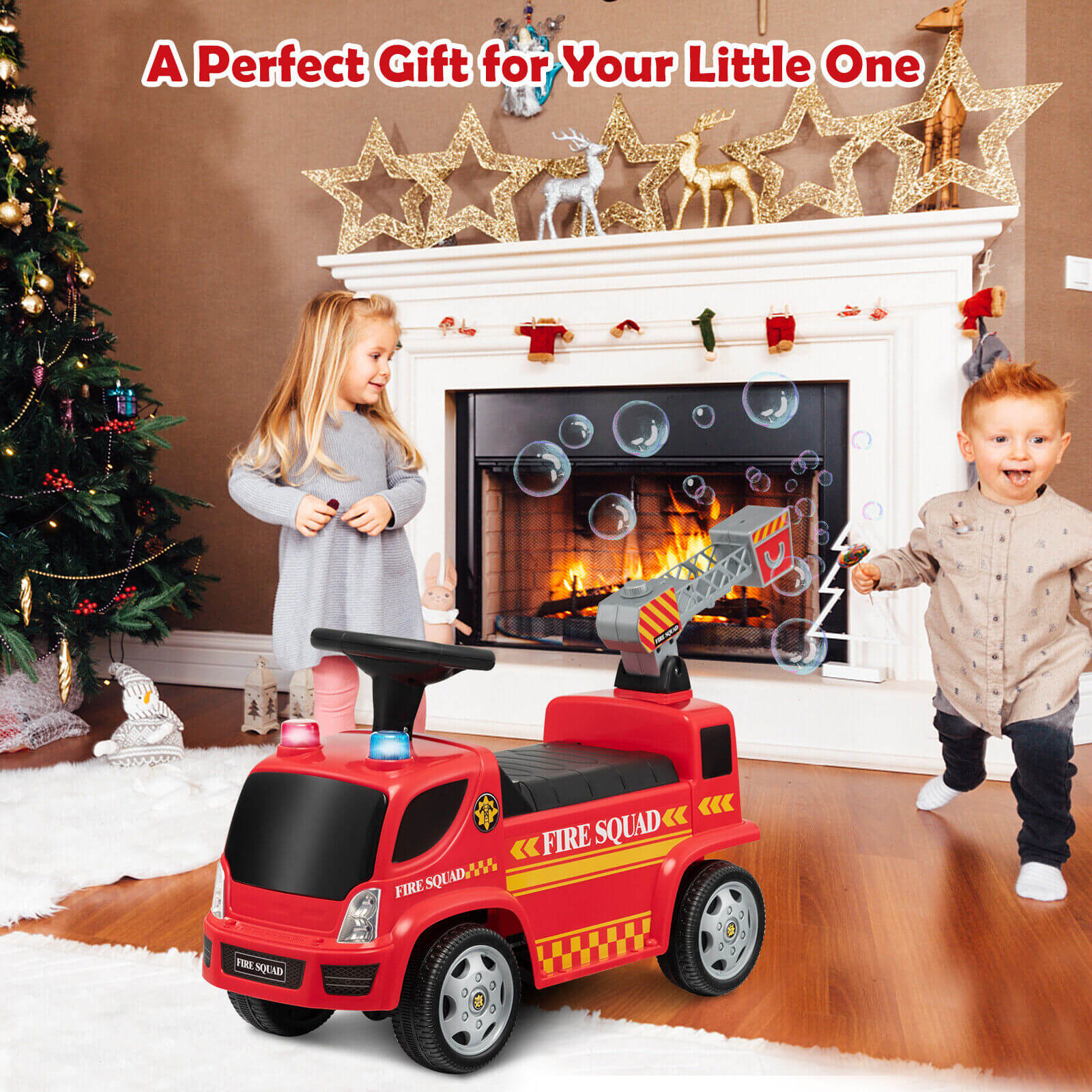 Kids Push Ride On Fire Truck with Ladder Bubble Maker and Headlights, Red - Gallery Canada