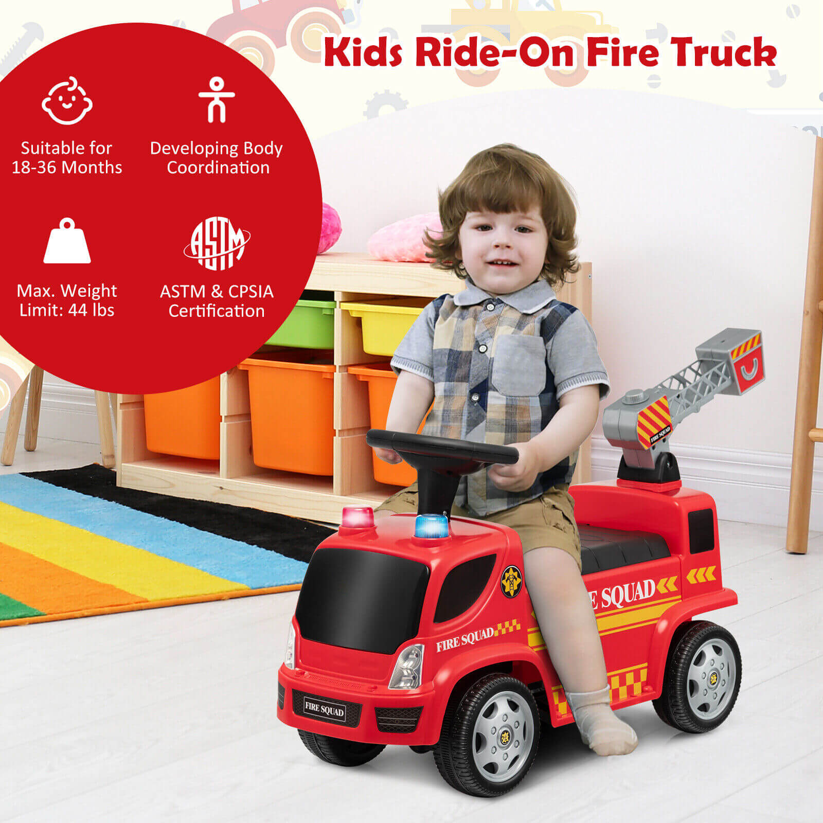 Kids Push Ride On Fire Truck with Ladder Bubble Maker and Headlights, Red Push & Pedal Ride On Toys at Gallery Canada