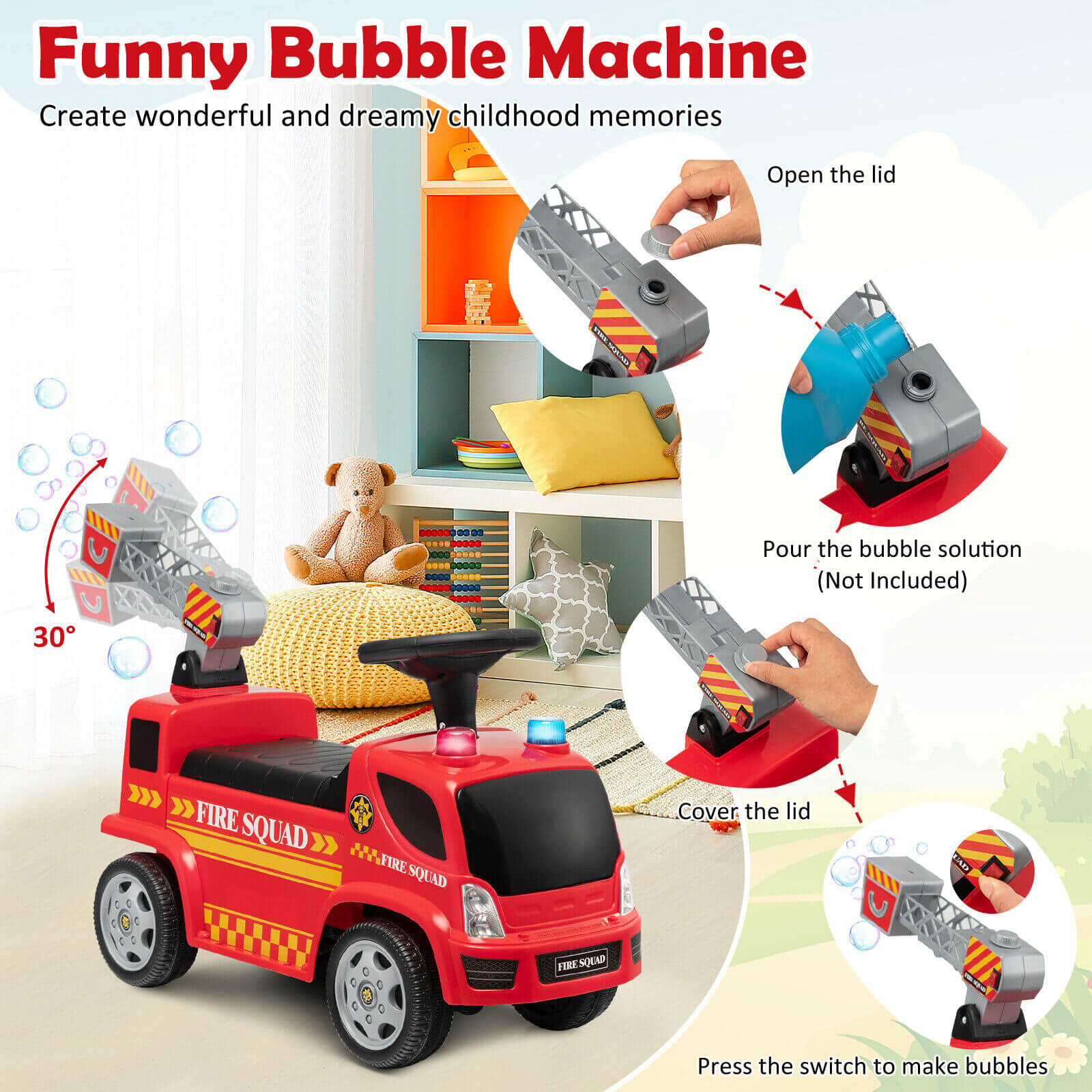 Kids Push Ride On Fire Truck with Ladder Bubble Maker and Headlights, Red Push & Pedal Ride On Toys at Gallery Canada