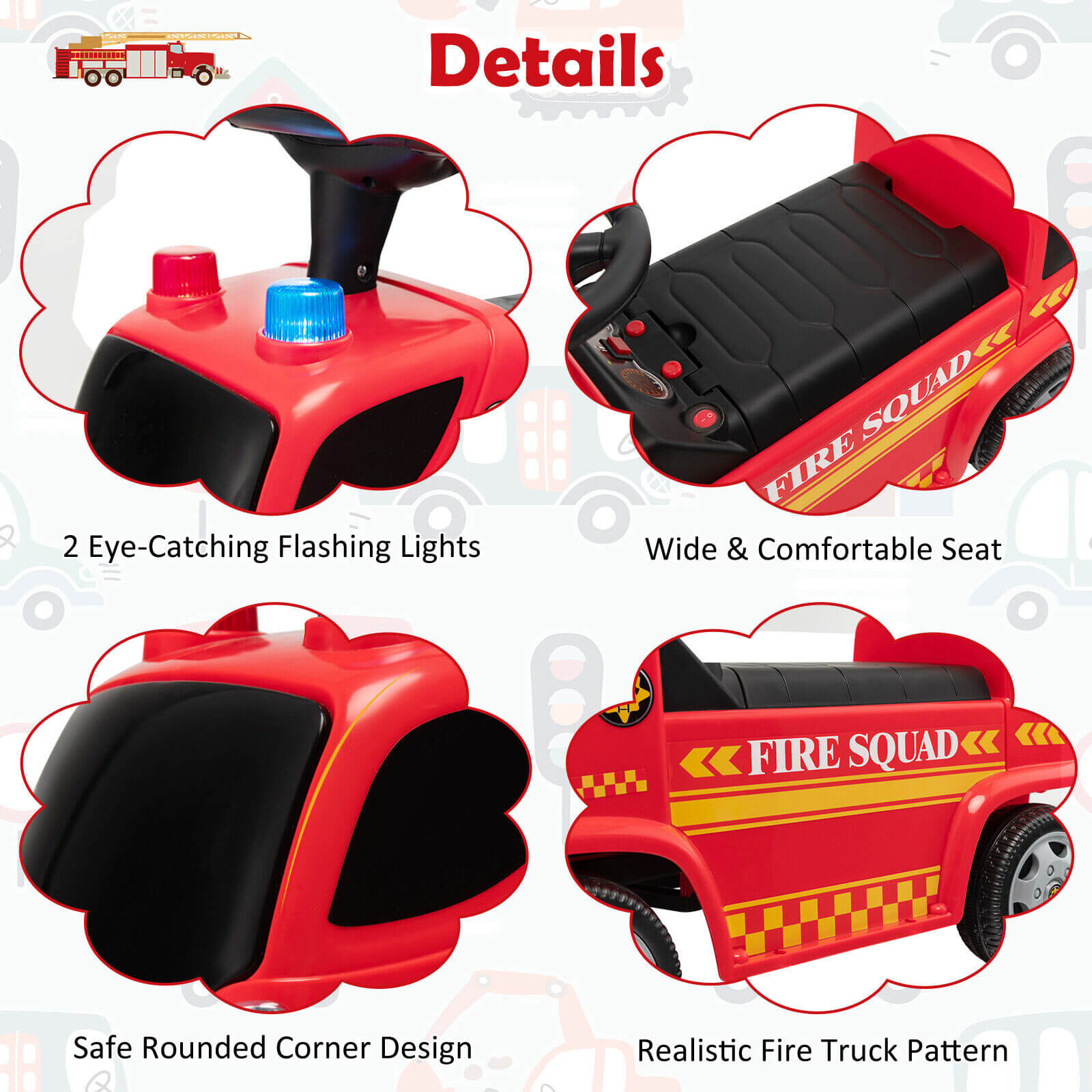 Kids Push Ride On Fire Truck with Ladder Bubble Maker and Headlights, Red Push & Pedal Ride On Toys at Gallery Canada