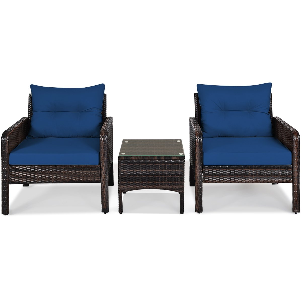 3 Pieces Outdoor Patio Rattan Conversation Set with Seat Cushions, Navy Patio Conversation Sets   at Gallery Canada