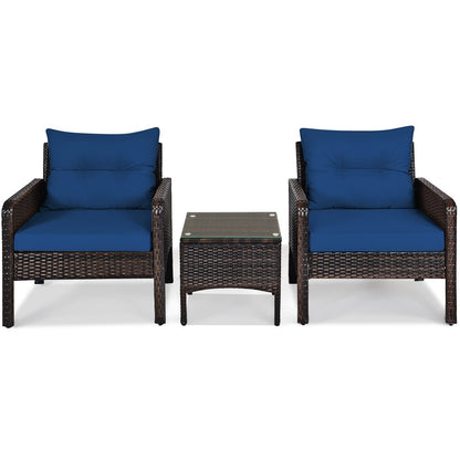 3 Pieces Outdoor Patio Rattan Conversation Set with Seat Cushions, Navy Patio Conversation Sets   at Gallery Canada