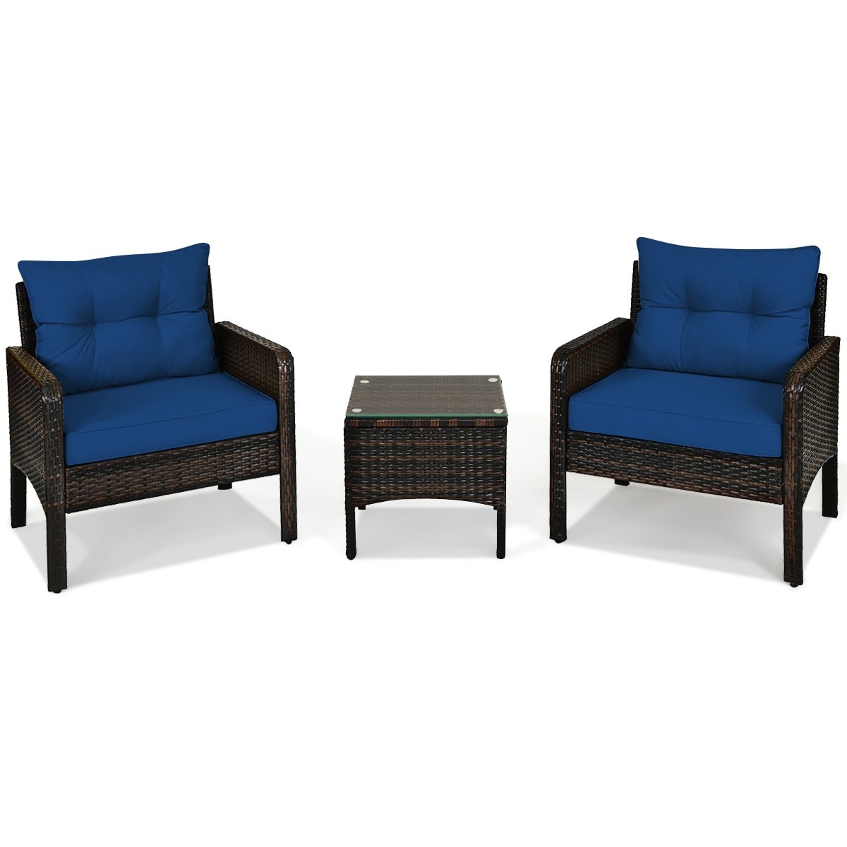 3 Pieces Outdoor Patio Rattan Conversation Set with Seat Cushions, Navy Patio Conversation Sets   at Gallery Canada