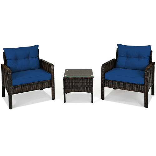 3 Pieces Outdoor Patio Rattan Conversation Set with Seat Cushions, Navy