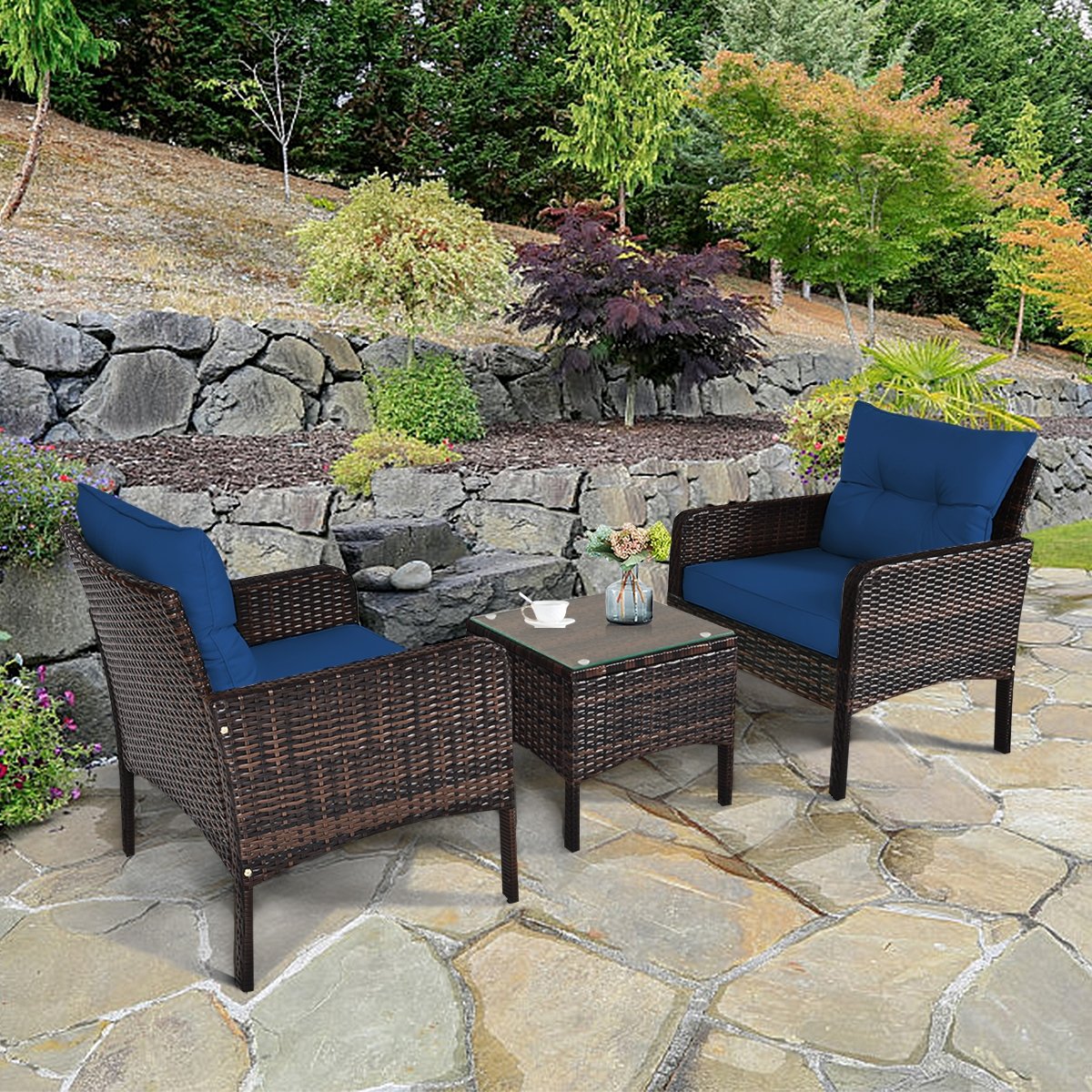 3 Pieces Outdoor Patio Rattan Conversation Set with Seat Cushions, Navy Patio Conversation Sets   at Gallery Canada