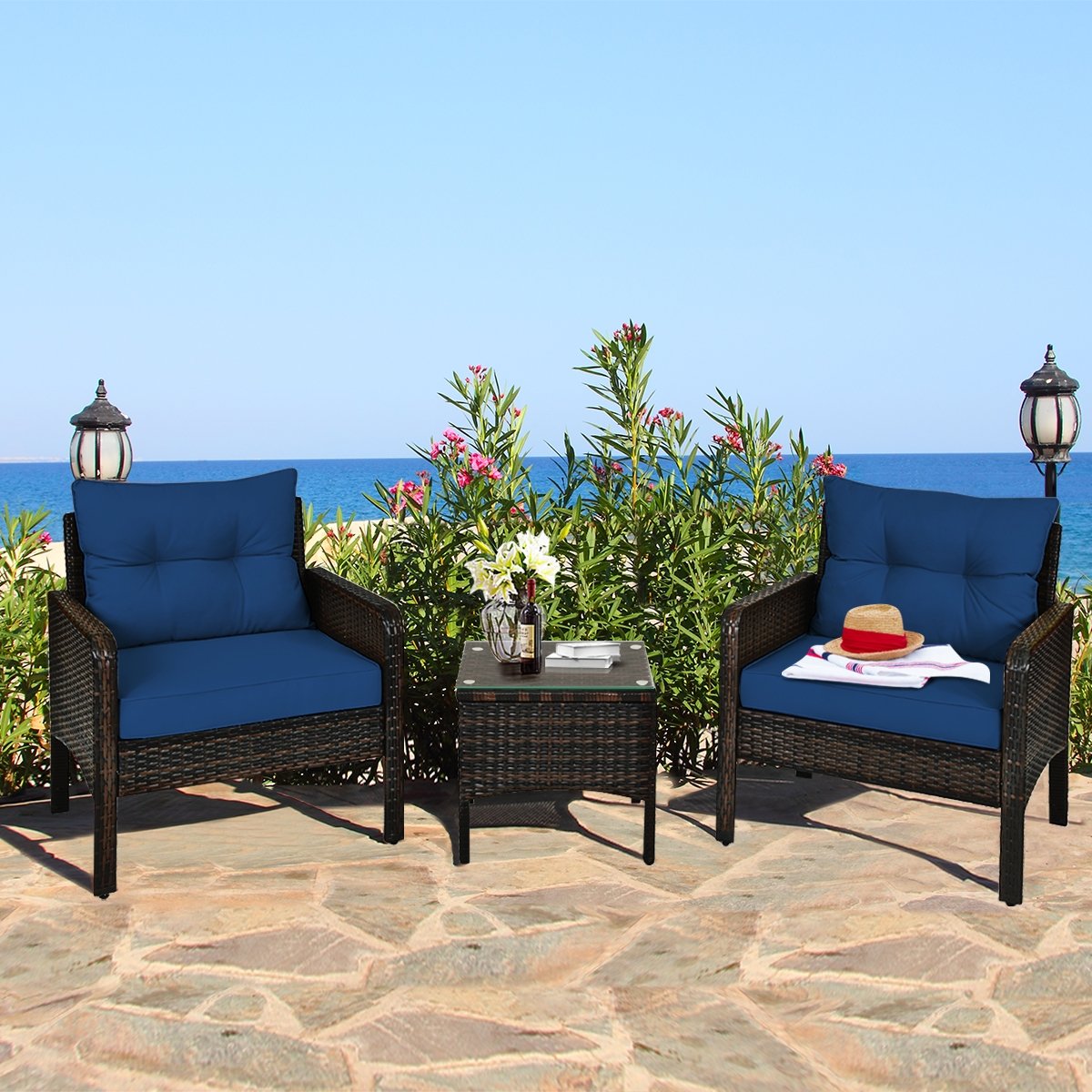 3 Pieces Outdoor Patio Rattan Conversation Set with Seat Cushions, Navy Patio Conversation Sets   at Gallery Canada