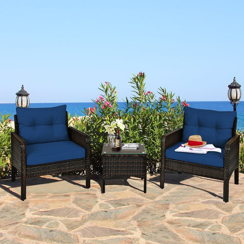 3 Pieces Outdoor Patio Rattan Conversation Set with Seat Cushions, Navy