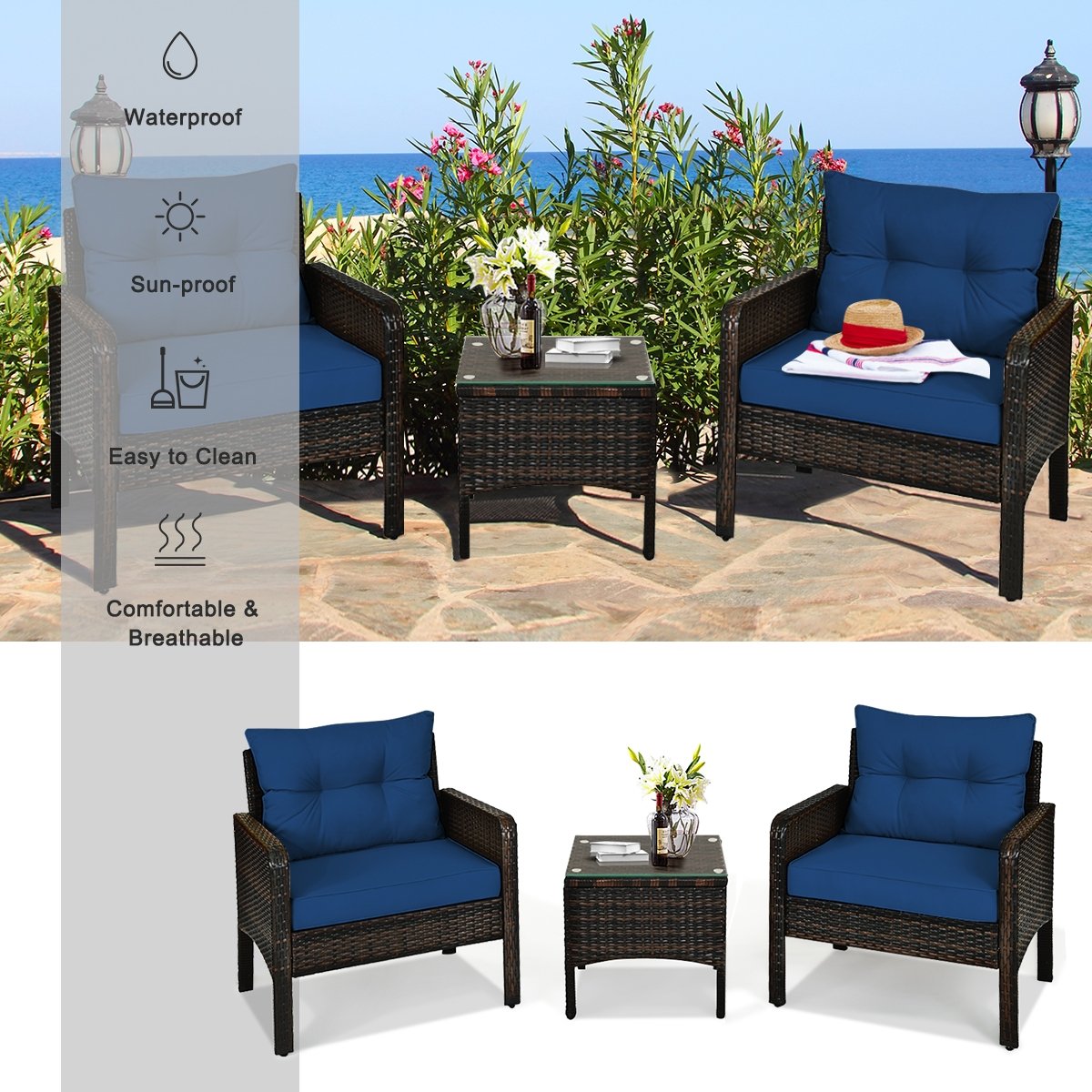 3 Pieces Outdoor Patio Rattan Conversation Set with Seat Cushions, Navy Patio Conversation Sets   at Gallery Canada