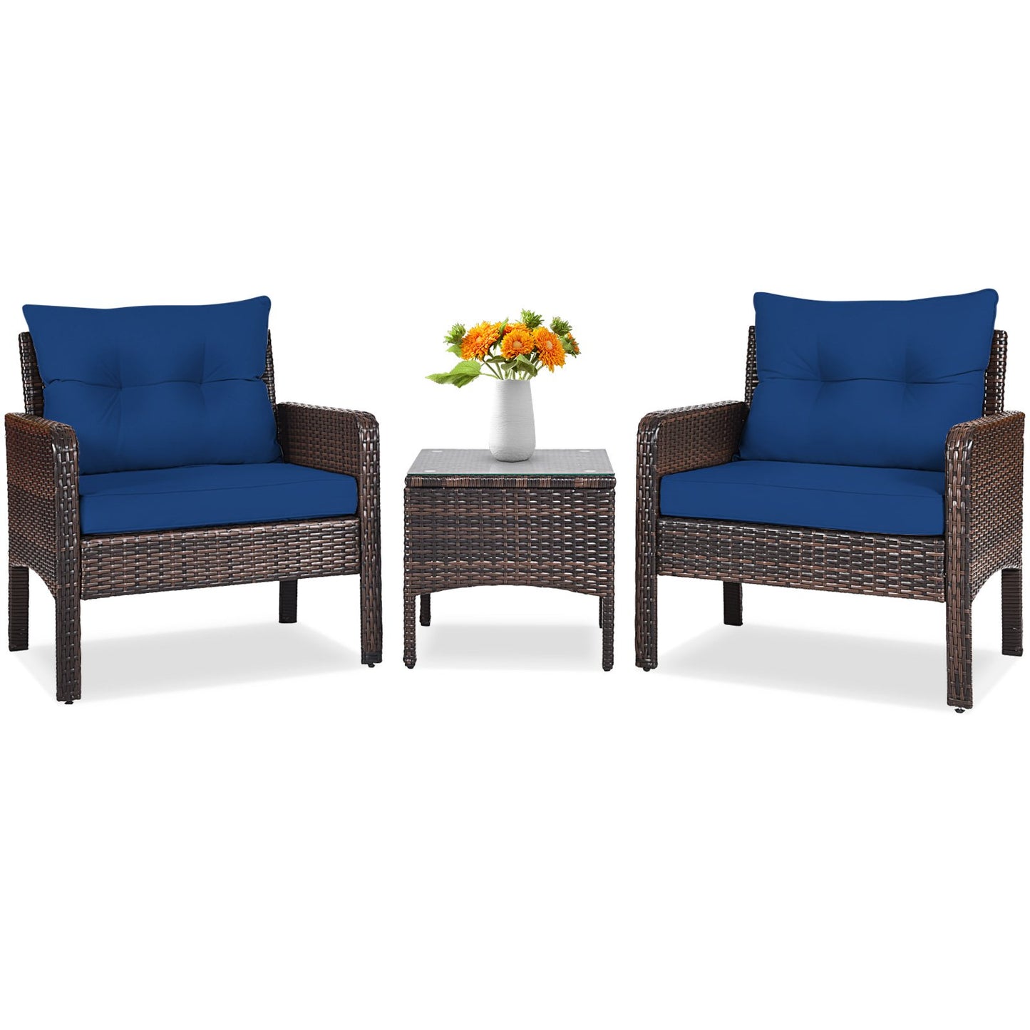 3 Pieces Outdoor Patio Rattan Conversation Set with Seat Cushions, Navy Patio Conversation Sets   at Gallery Canada