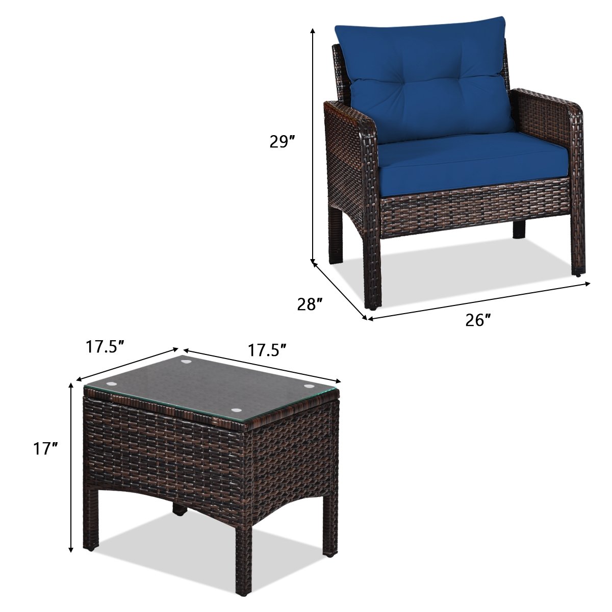 3 Pieces Outdoor Patio Rattan Conversation Set with Seat Cushions, Navy Patio Conversation Sets   at Gallery Canada