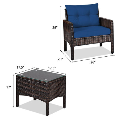 3 Pieces Outdoor Patio Rattan Conversation Set with Seat Cushions, Navy Patio Conversation Sets   at Gallery Canada