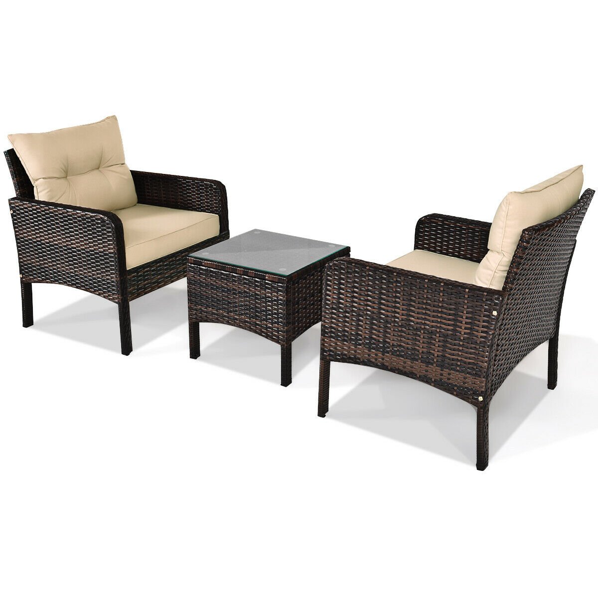 3 Pieces Outdoor Patio Rattan Conversation Set with Seat Cushions, Beige - Gallery Canada