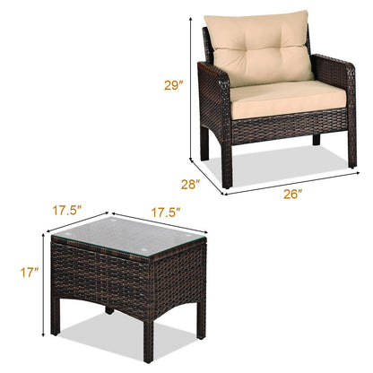 3 Pieces Outdoor Patio Rattan Conversation Set with Seat Cushions, Beige - Gallery Canada