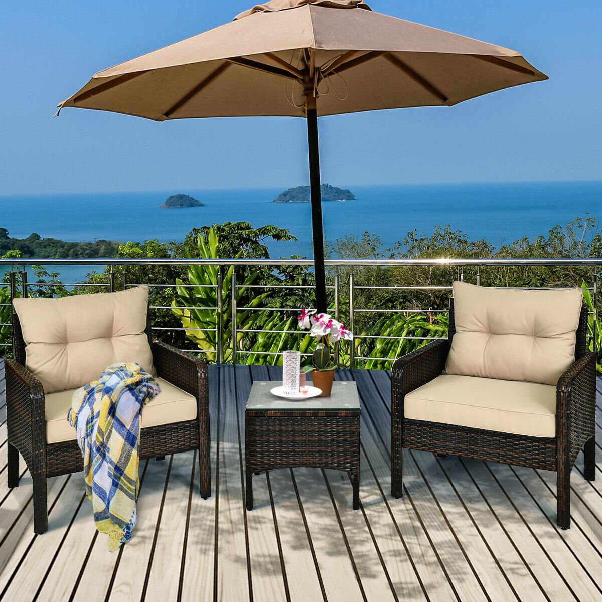 3 Pieces Outdoor Patio Rattan Conversation Set with Seat Cushions, Beige Patio Conversation Sets   at Gallery Canada