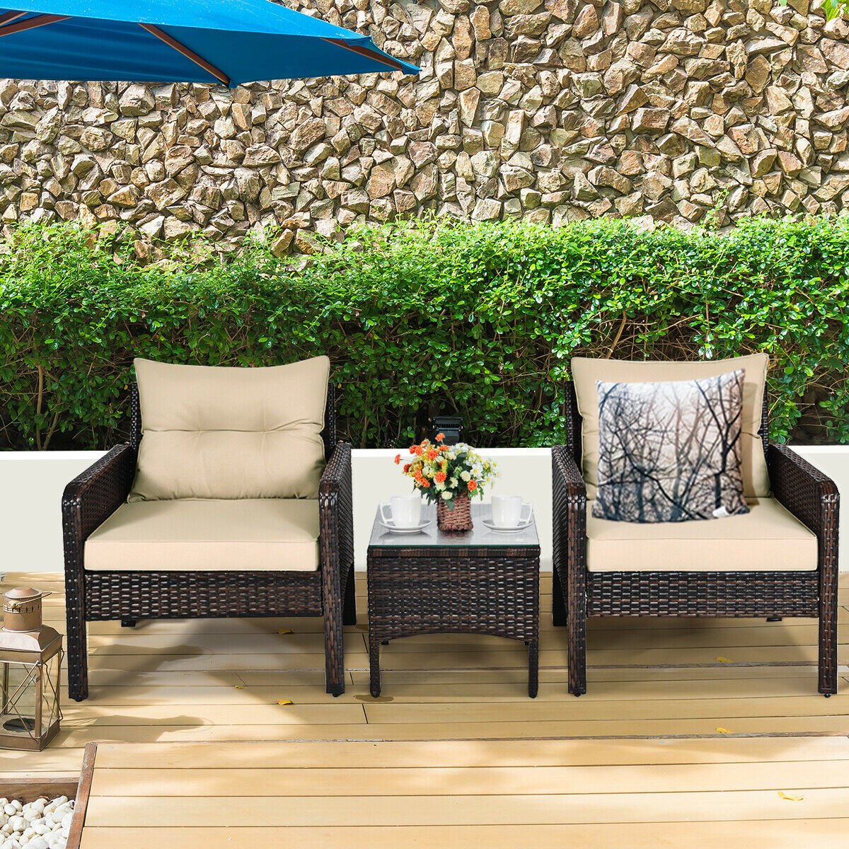 3 Pieces Outdoor Patio Rattan Conversation Set with Seat Cushions, Beige Patio Conversation Sets   at Gallery Canada